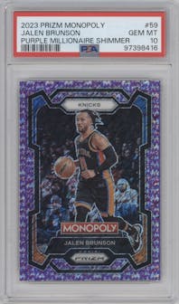Jalen Brunson from the 2023-24 Panini Prizm Monopoly set featuring a Purple Millionaire Shimmer parallel graded by PSA and given an overall grade of 10.