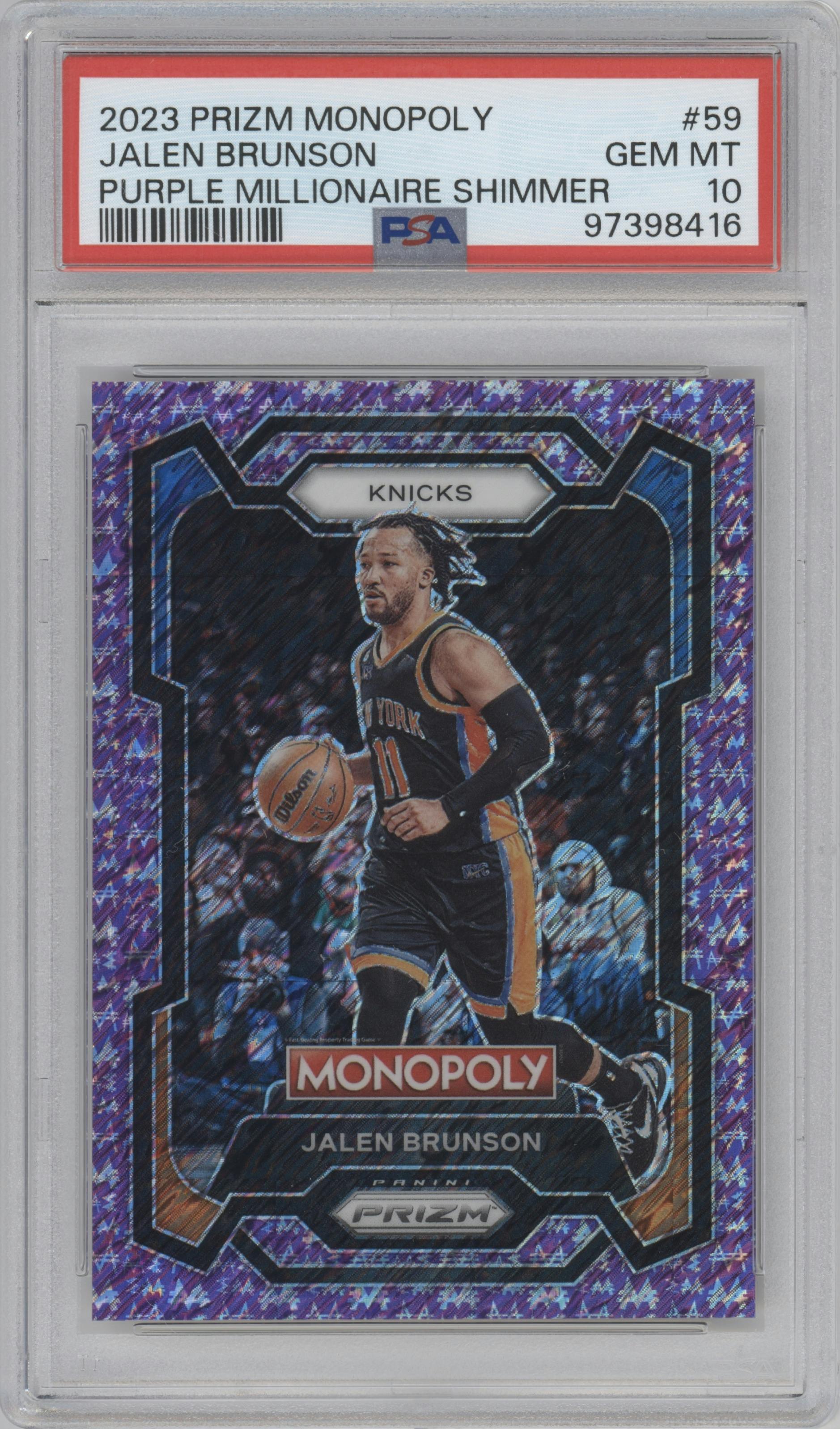 Jalen Brunson from the 2023-24 Panini Prizm Monopoly set featuring a Purple Millionaire Shimmer parallel graded by PSA and given an overall grade of 10.