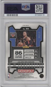 Jalen Brunson from the 2023-24 Panini Prizm Monopoly set featuring a Purple Millionaire Shimmer parallel graded by PSA and given an overall grade of 10.