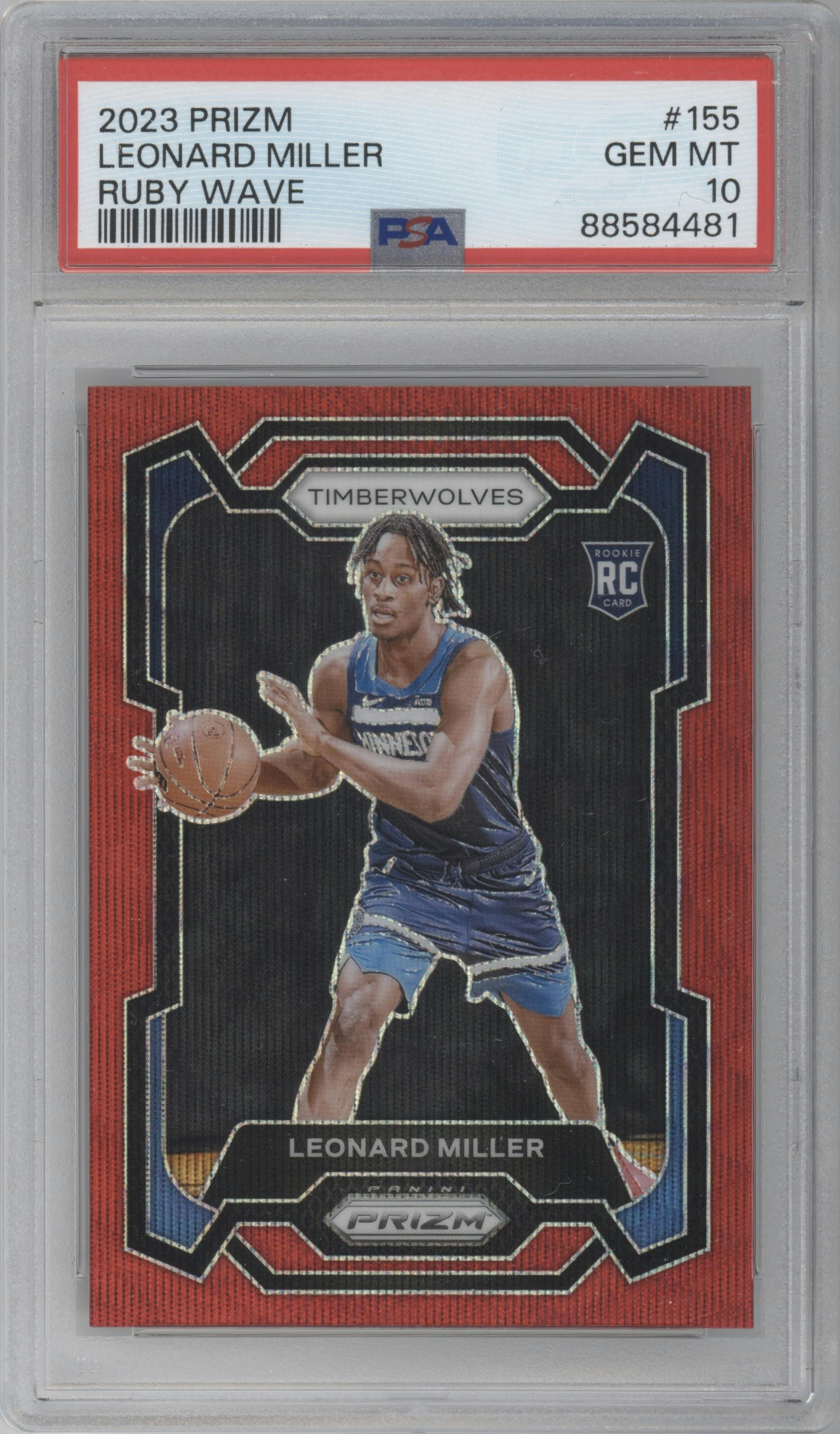 Leonard Miller from the 2023-24 Panini Prizm set featuring a Ruby Wave parallel graded by PSA and given an overall grade of 10.