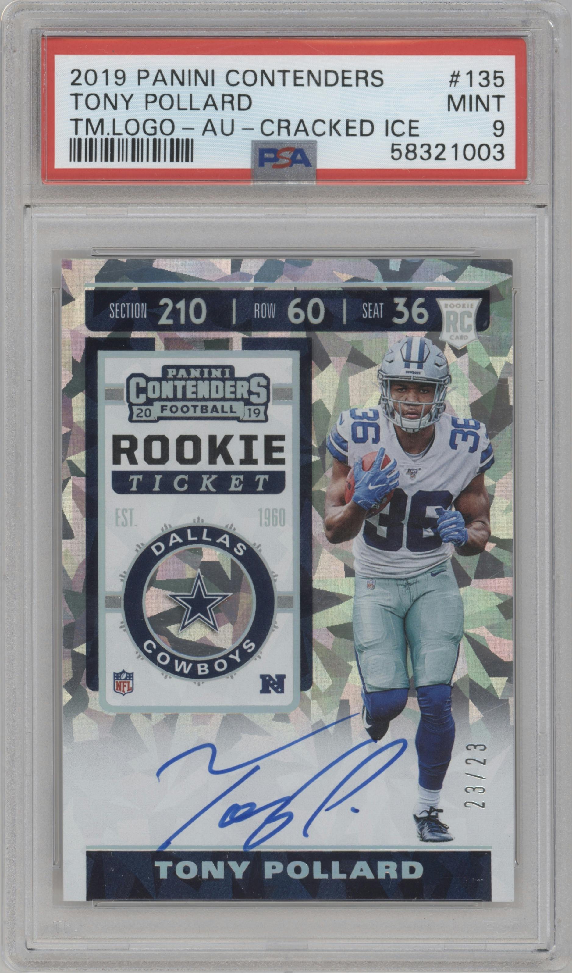 Tony Pollard from the 2019 Panini Contenders set featuring a Cracked Ice parallel graded by PSA and given an overall grade of 9.