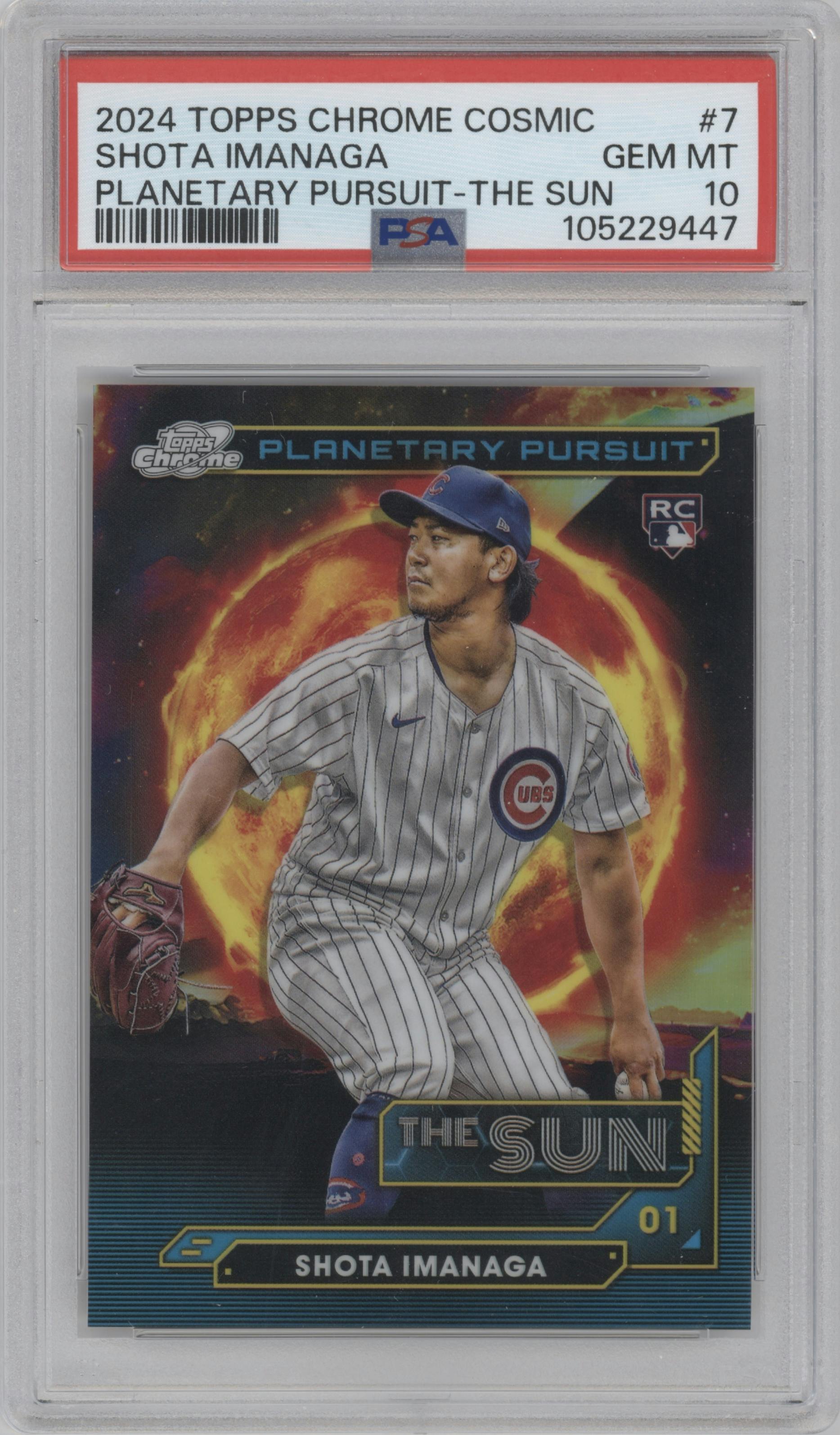 Shota Imanaga from the 2024 Topps Cosmic Chrome set graded by PSA and given an overall grade of 10.