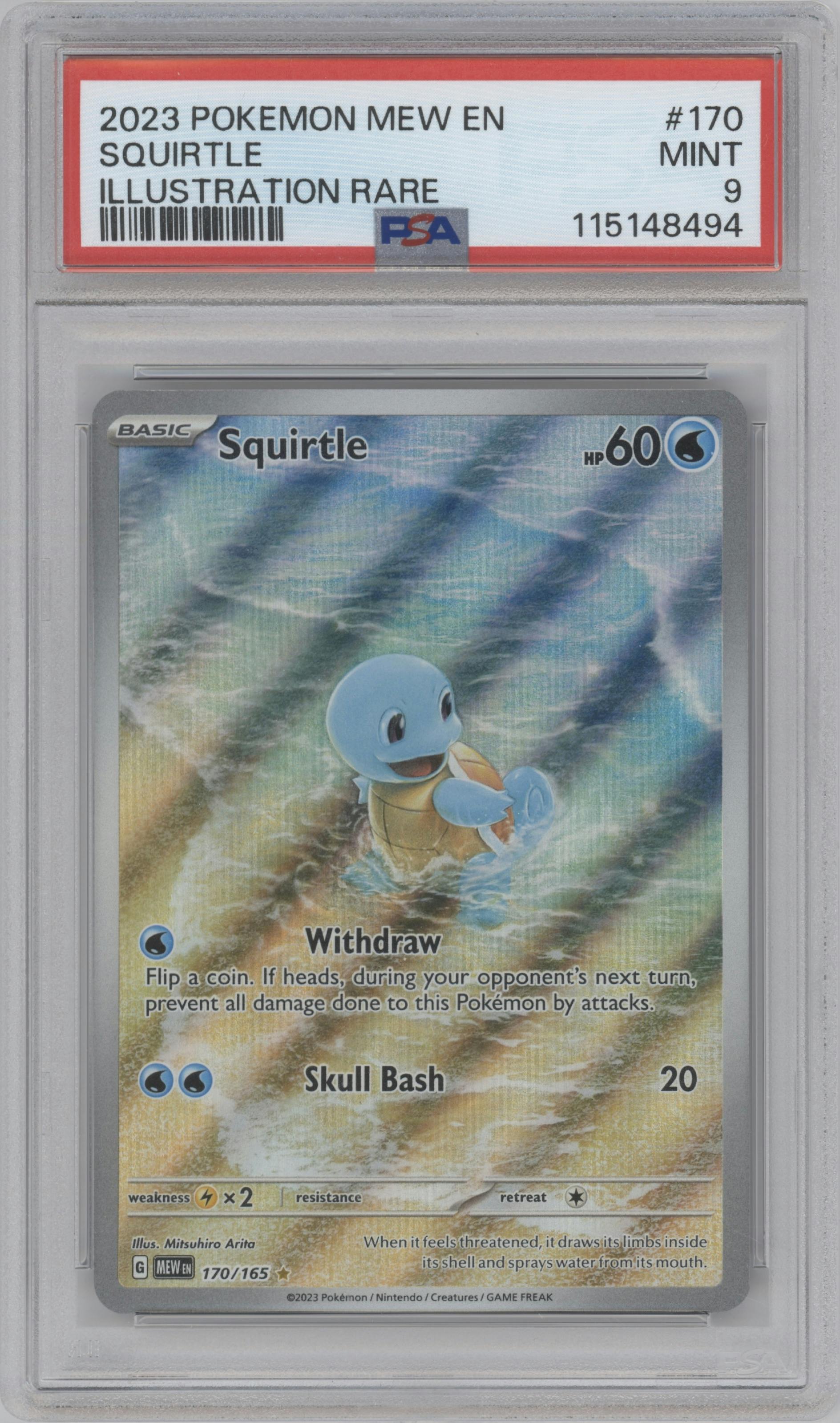Squirtle from the 2023 Pokemon SV set graded by PSA and given an overall grade of 9.