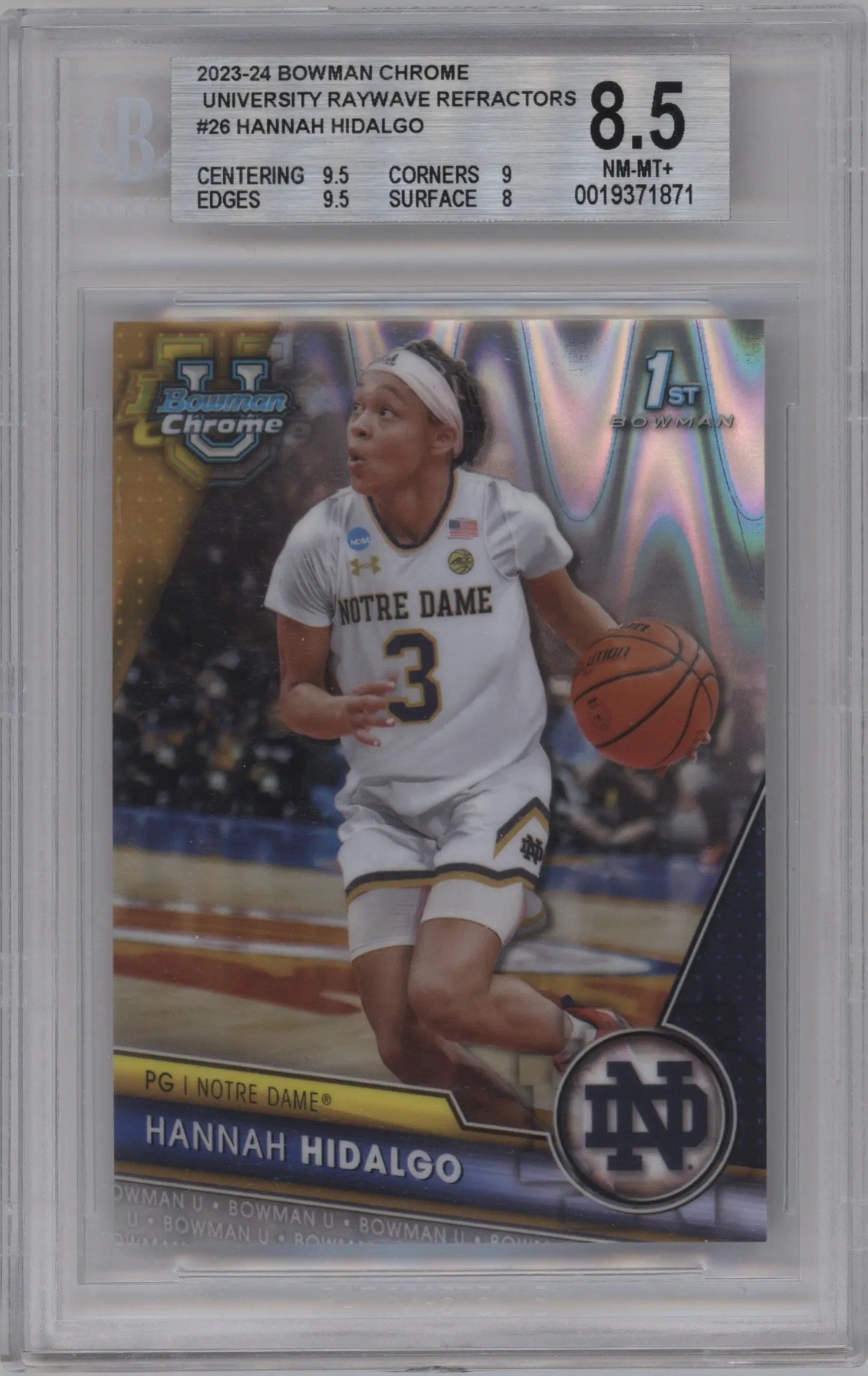 2023 Bowman U Chrome Hannah Hidalgo RayWave Refractor #26 BGS 8.5
