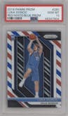 Luka Doncic from the 2018-19 Panini Prizm set featuring a Red White Blue Prizm parallel graded by PSA and given an overall grade of 10.