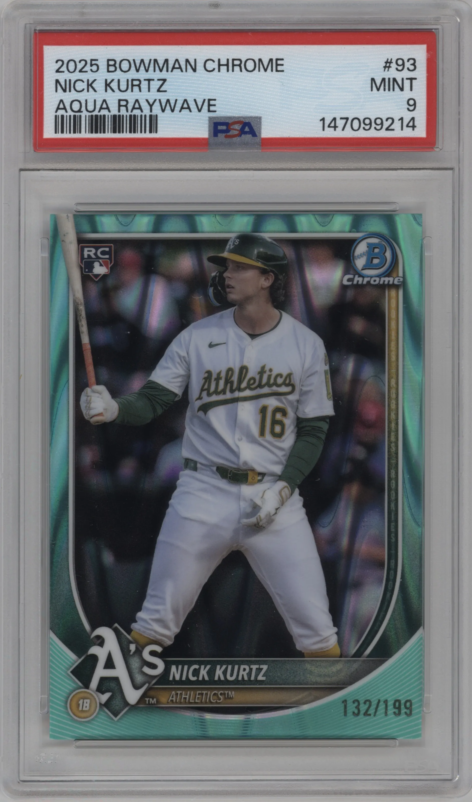 2025 Bowman Chrome Nick Kurtz Aqua Raywave #93 PSA 9