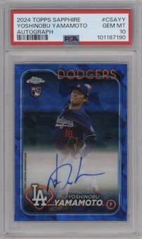 Yoshinobu Yamamoto from the 2024 Topps Chrome Sapphire set graded by PSA and given an overall grade of 10.