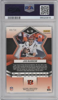 Joe Burrow from the 2022 Panini Mosaic set featuring a No Huddle Purple parallel graded by PSA and given an overall grade of 10.
