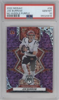 Joe Burrow from the 2022 Panini Mosaic set featuring a No Huddle Purple parallel graded by PSA and given an overall grade of 10.