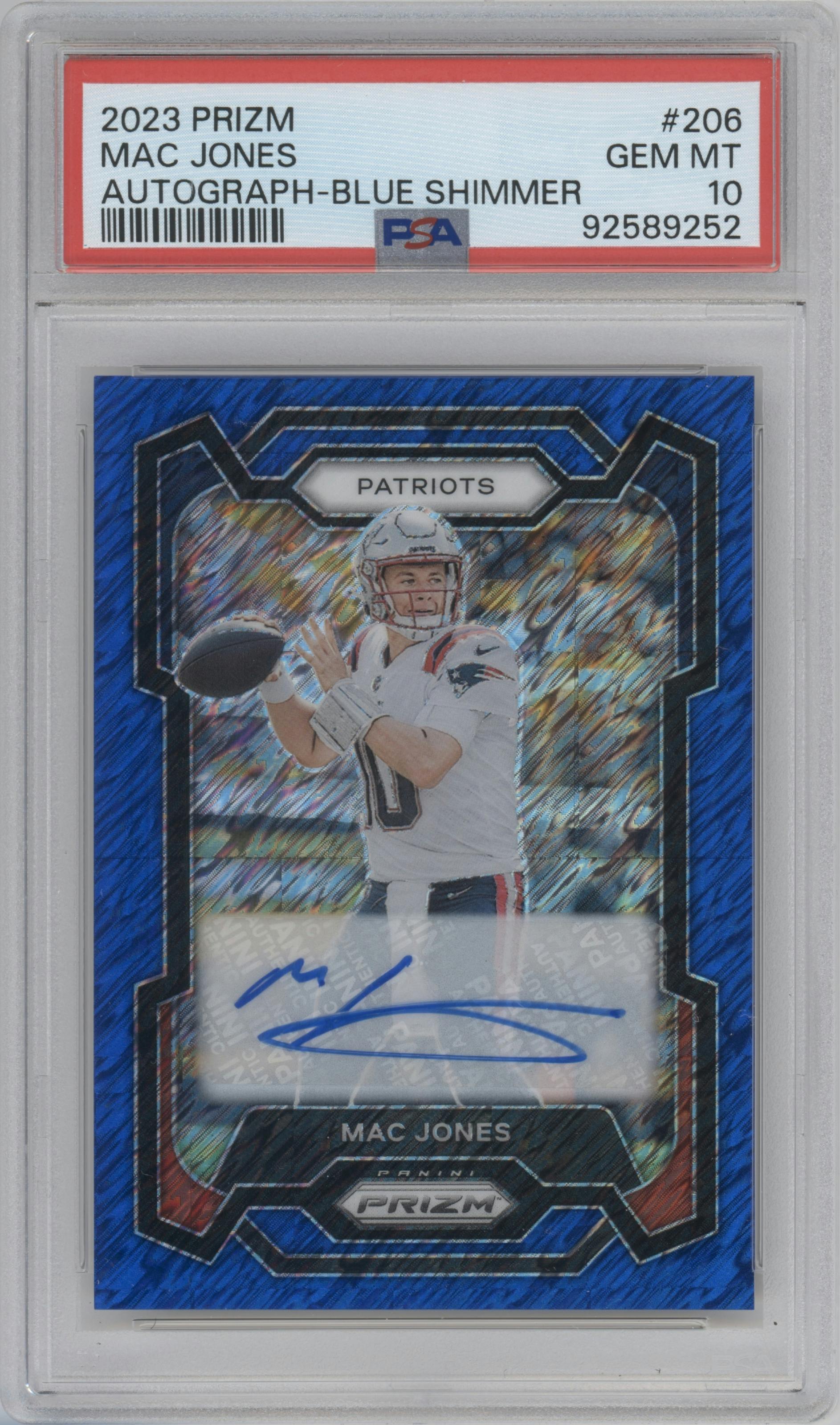 Mac Jones from the 2023 Panini Prizm set featuring a Blue Shimmer parallel graded by PSA and given an overall grade of 10.