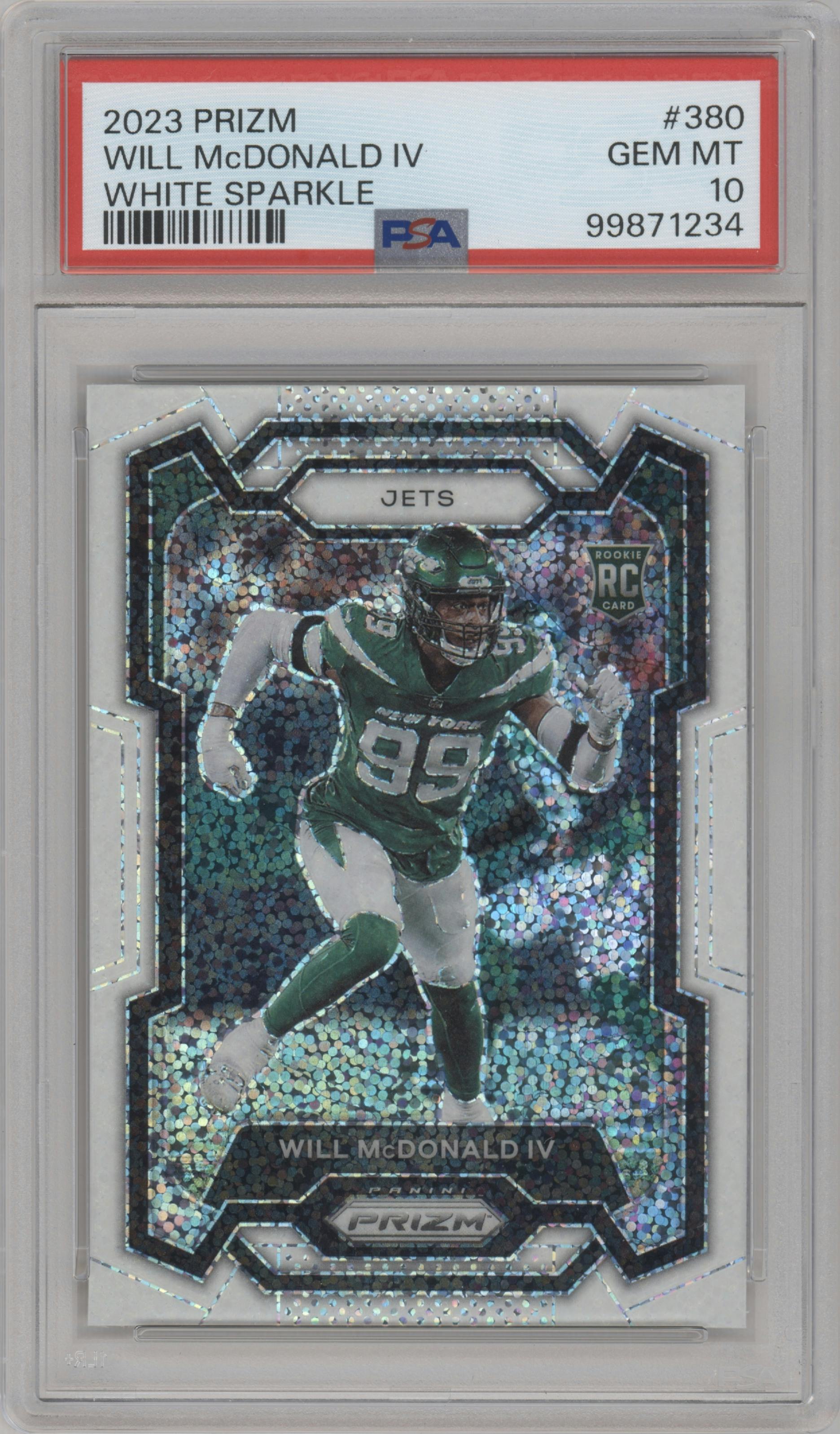 Will McDonald IV from the 2023 Panini Prizm set featuring a White Sparkle parallel graded by PSA and given an overall grade of 10.