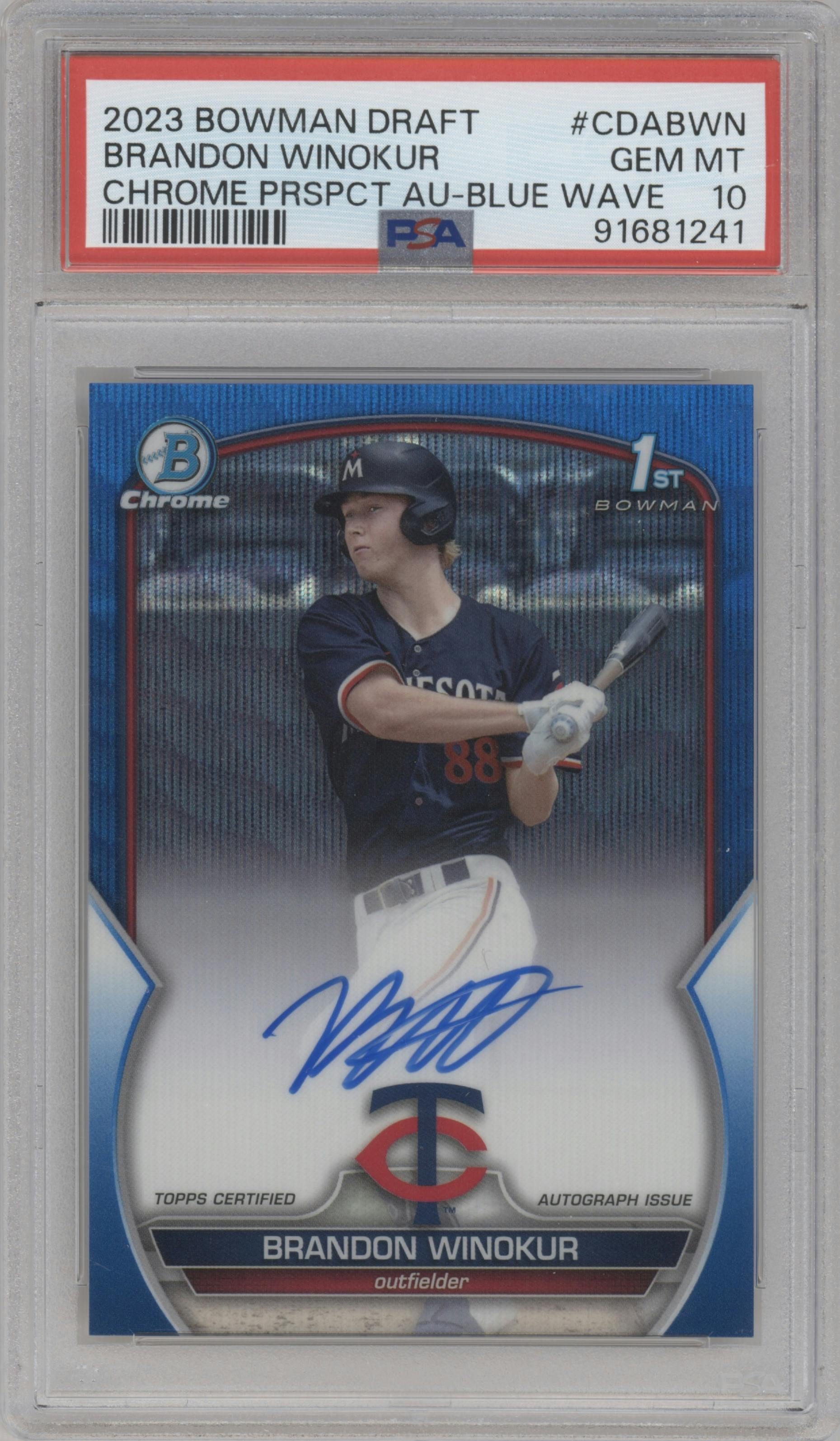 Brandon Winokur from the 2023 Bowman Draft set featuring a Blue Wave Refractor parallel graded by PSA and given an overall grade of 10.