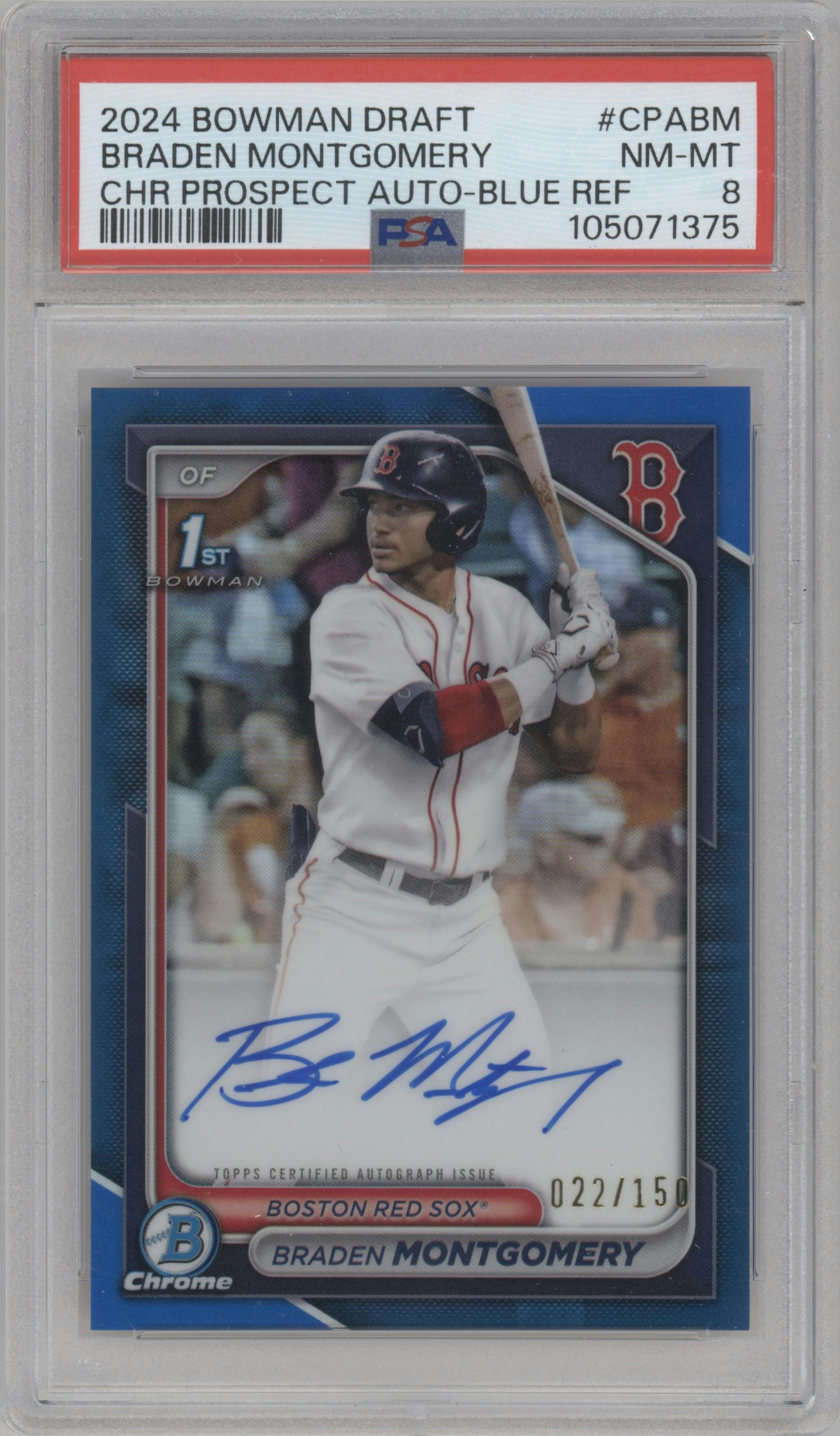 Braden Montgomery from the 2024 Bowman Draft set featuring a Blue Refractor parallel graded by PSA and given an overall grade of 8.