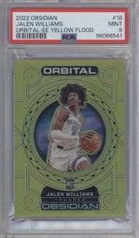 Jalen Williams from the 2022-23 Panini Obsidian set featuring a Electric Etch Yellow Flood parallel graded by PSA and given an overall grade of 9.