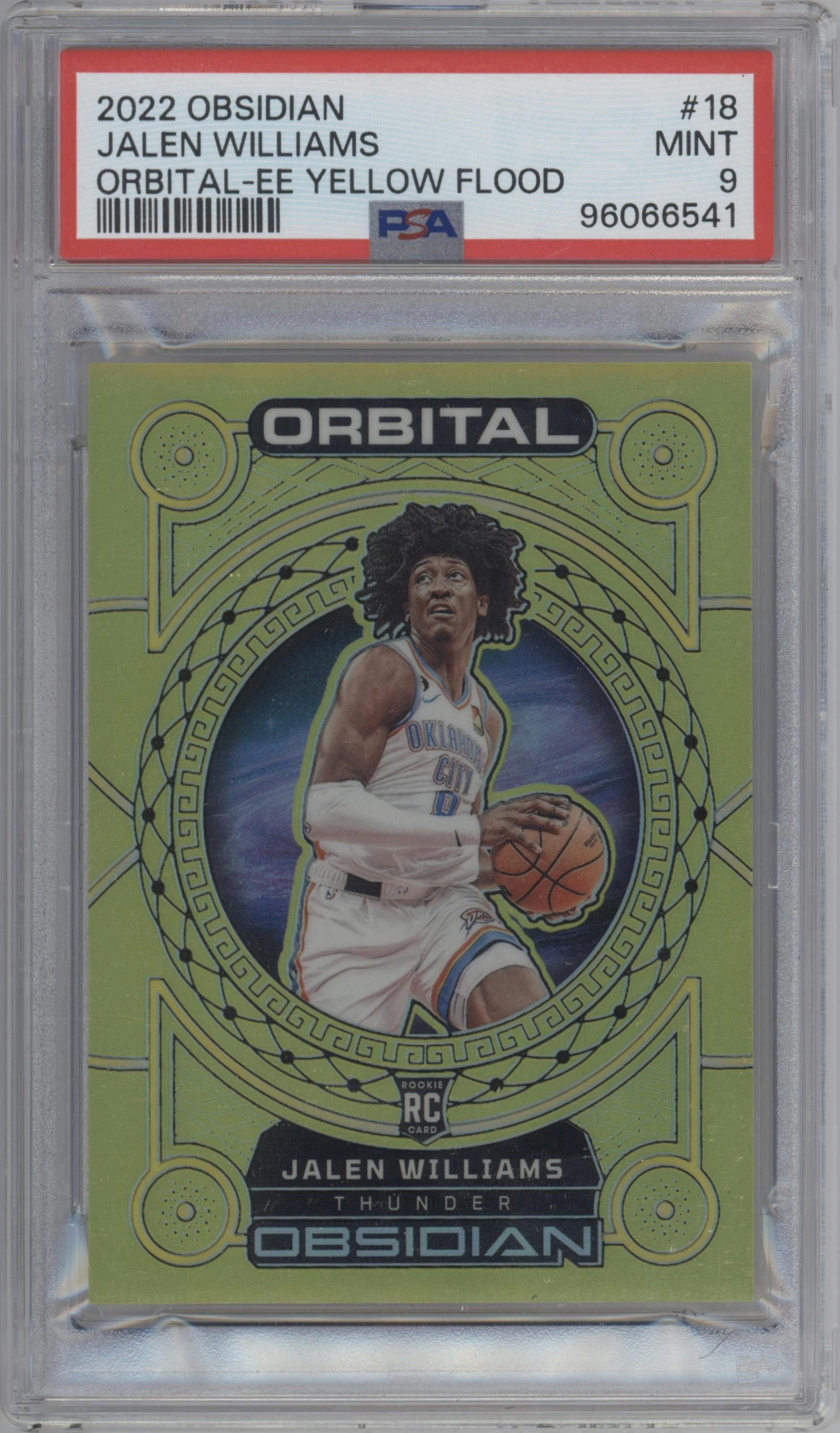 Jalen Williams from the 2022-23 Panini Obsidian set featuring a Electric Etch Yellow Flood parallel graded by PSA and given an overall grade of 9.