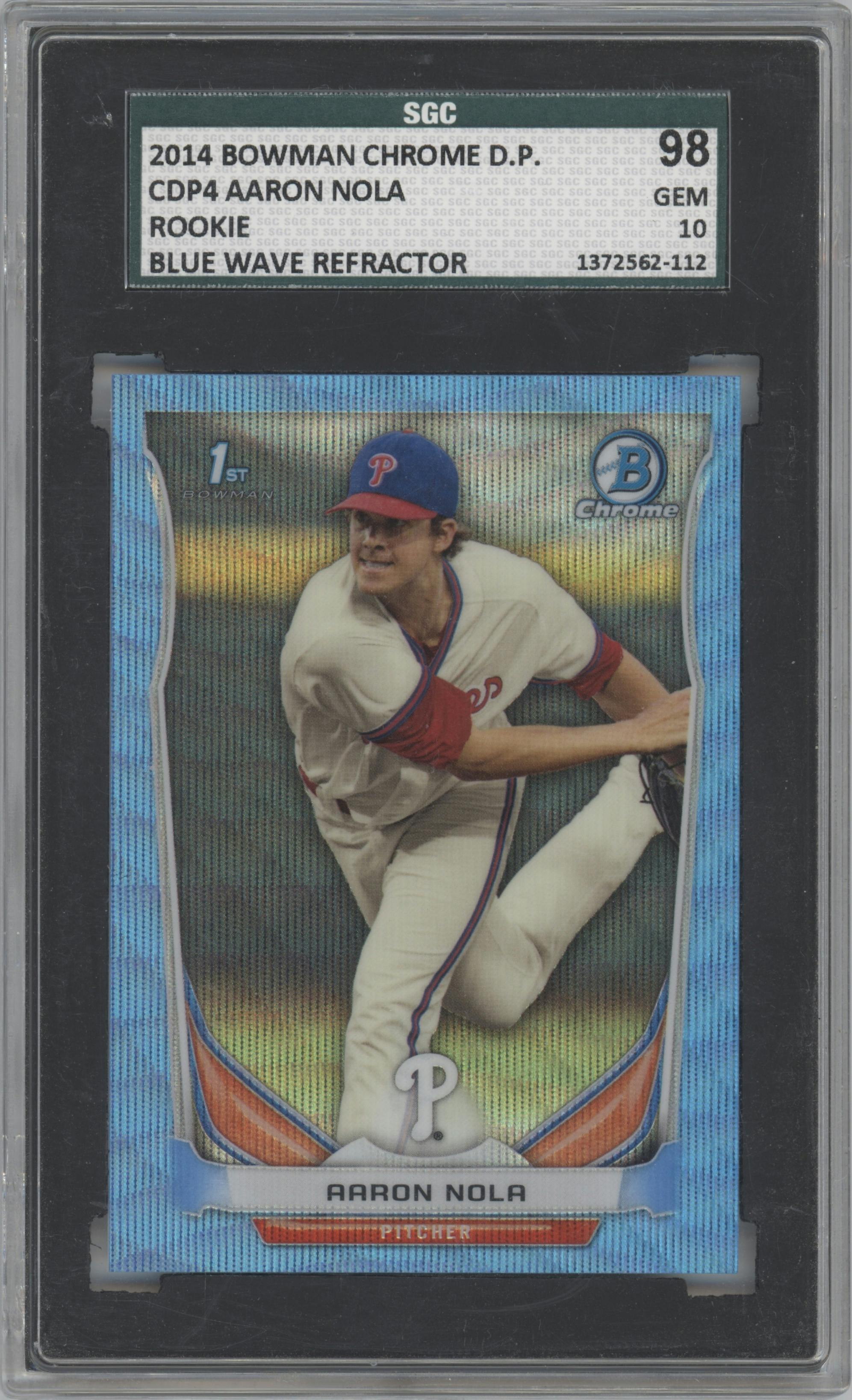 Aaron Nola from the 2014 Bowman Draft  set featuring a Blue Wave Refractor parallel graded by SGC and given an overall grade of 10.