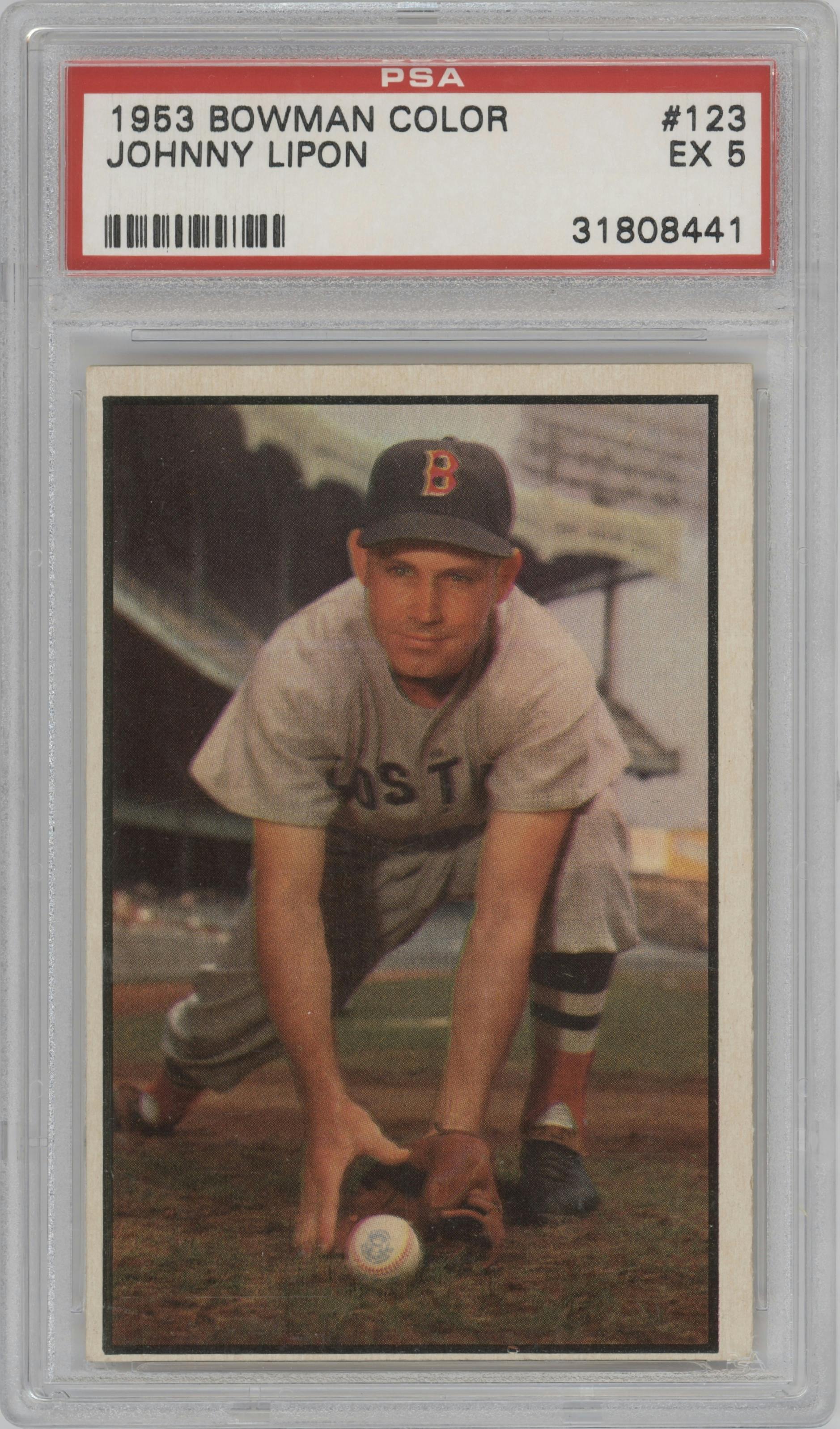 Johnny Lipon from the 1953 Bowman Color set graded by PSA and given an overall grade of 5.