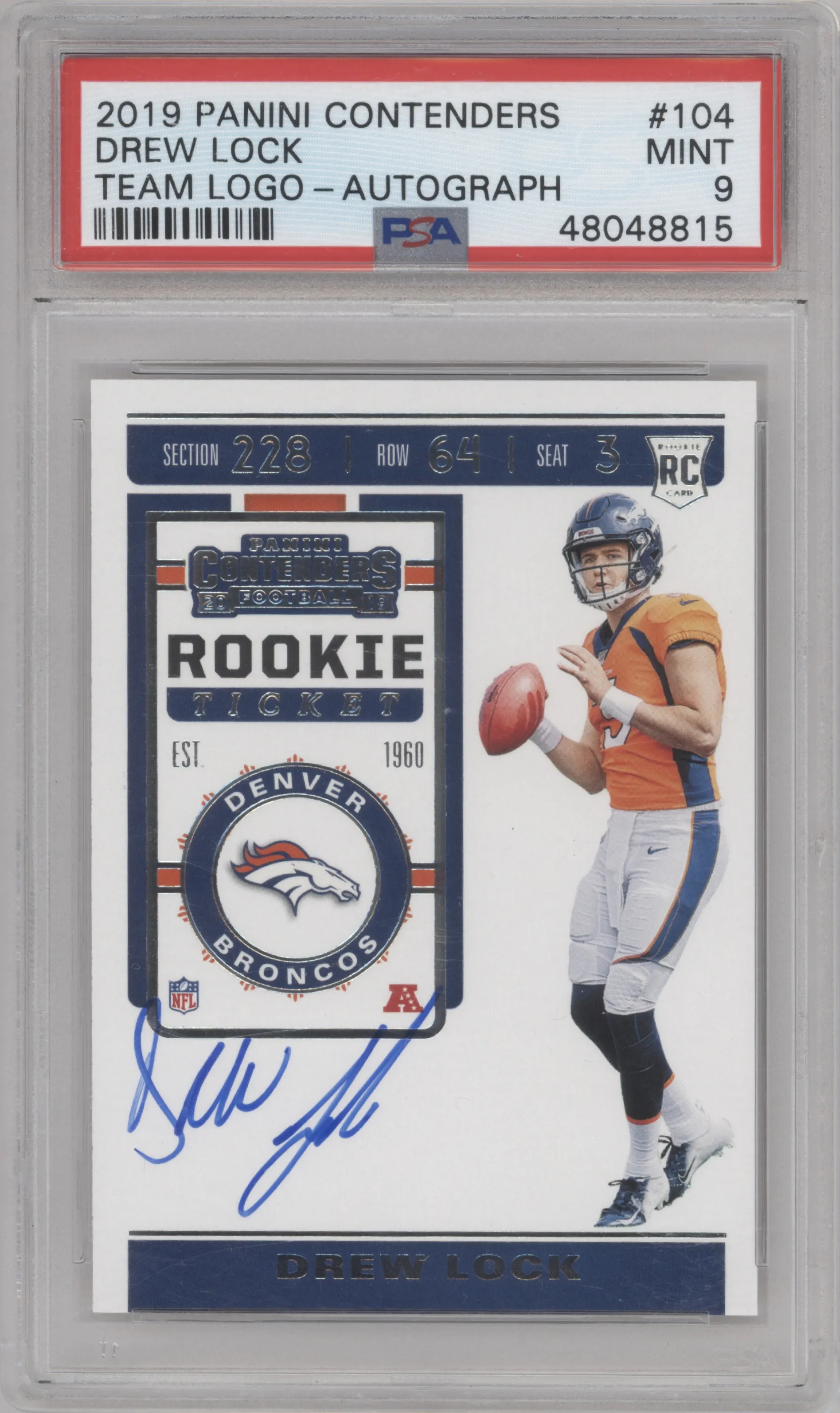 2019 Panini Contenders Rke.Tkt.RPS Drew Lock #104 PSA 9