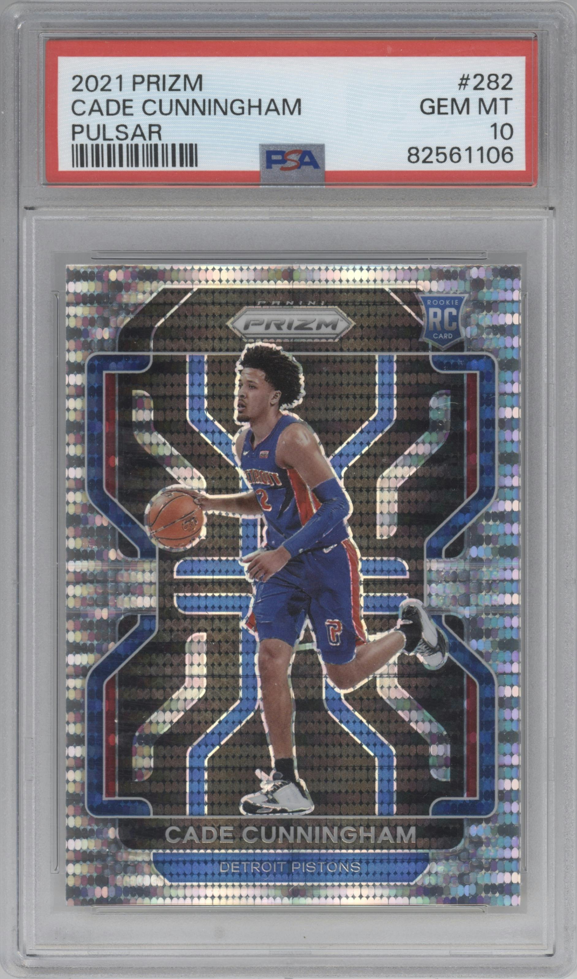 Cade Cunningham from the 2021-22 Panini Prizm  set featuring a Pulsar parallel graded by PSA and given an overall grade of 10.