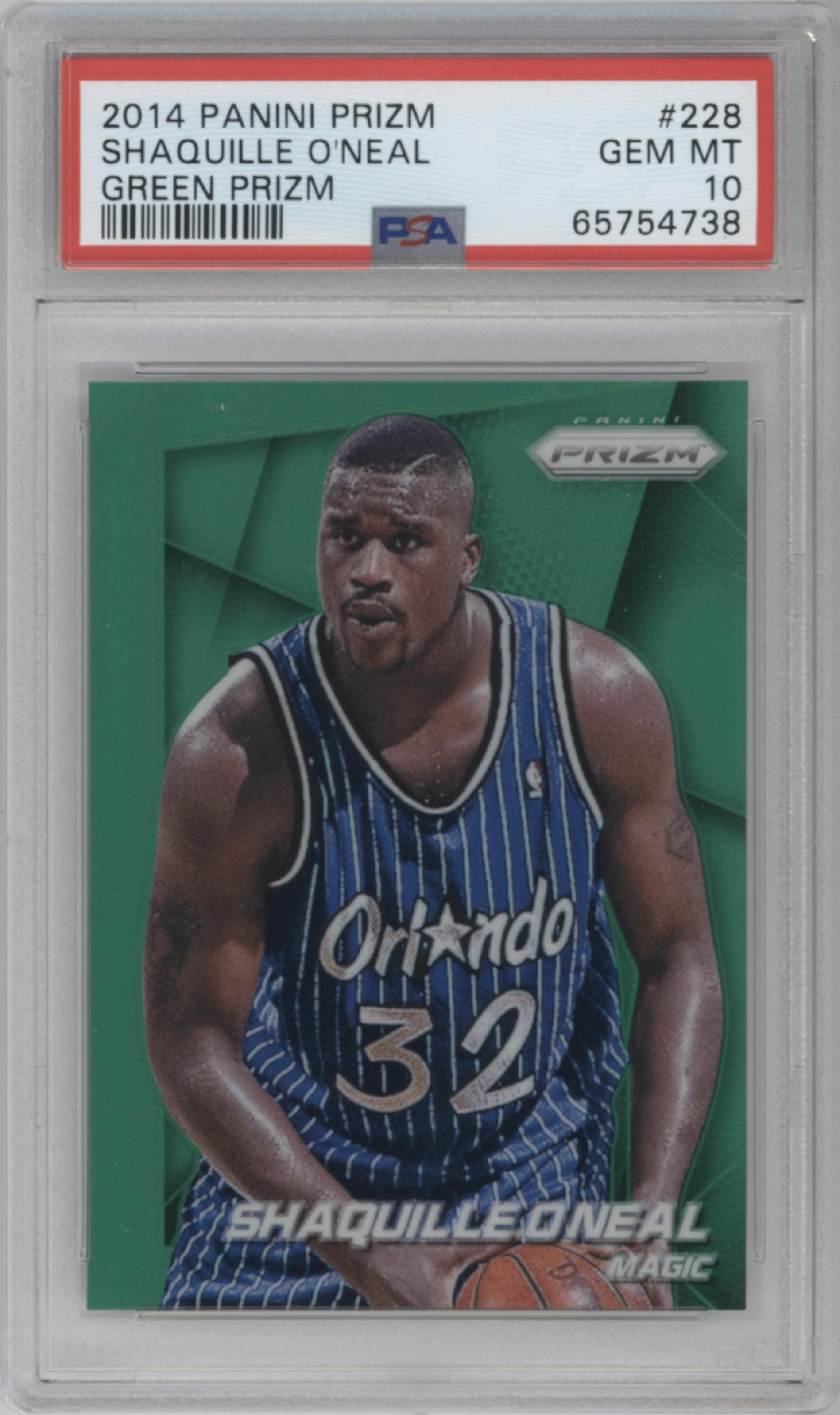 Shaquille O'Neal from the 2014-15 Panini Prizm set featuring a Green Prizm parallel graded by PSA and given an overall grade of 10.