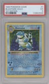 Blastoise from the 1999 Pokemon set graded by PSA and given an overall grade of 5.