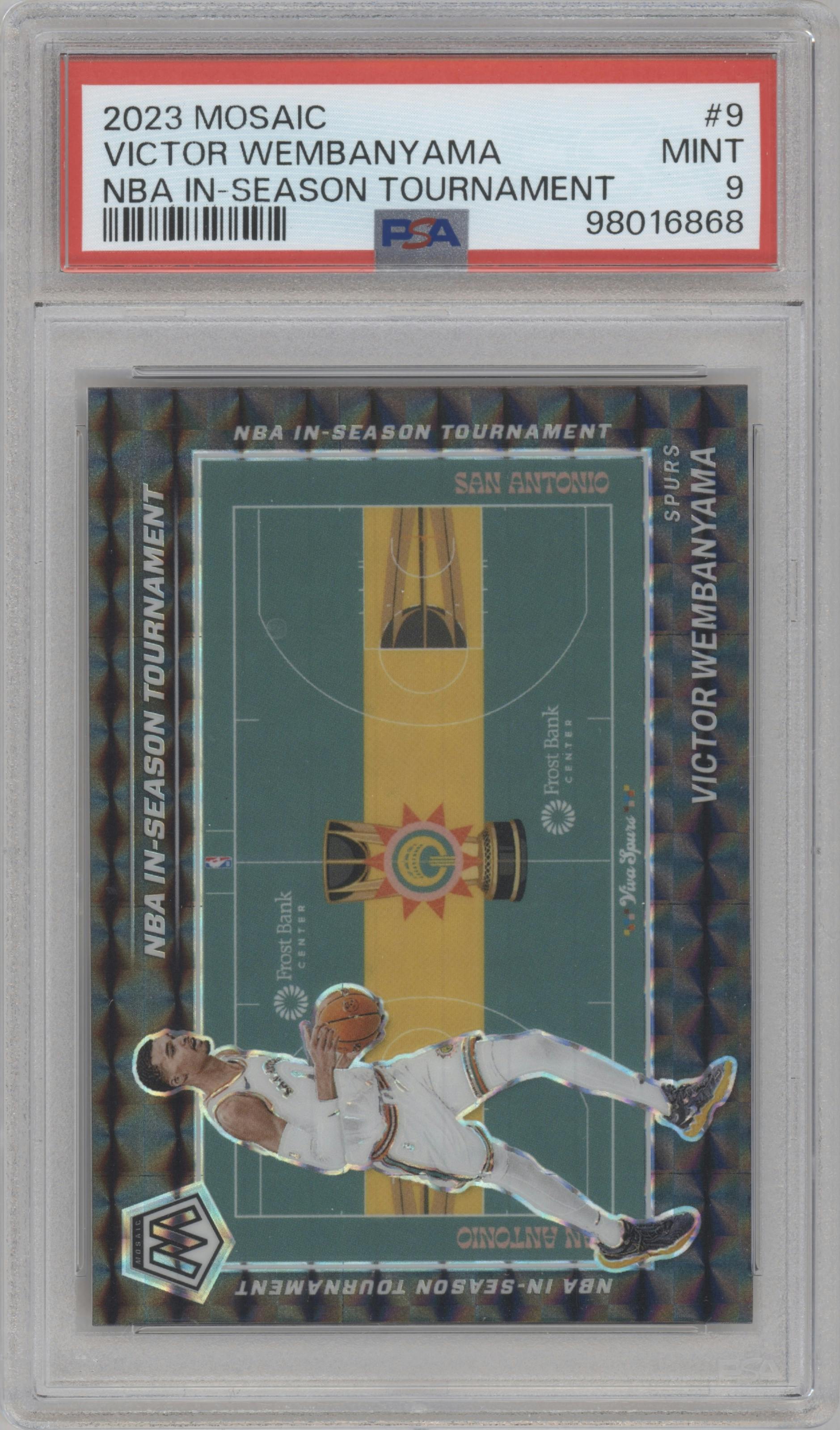 Victor Wembanyama  from the 2023-24 Panini Mosaic set graded by PSA and given an overall grade of 9.