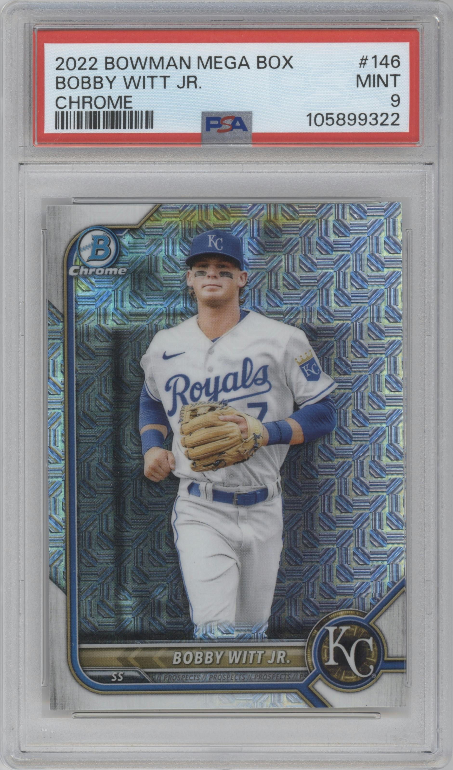 Bobby Witt Jr. from the 2022 Bowman Mega Box set graded by PSA and given an overall grade of 9.