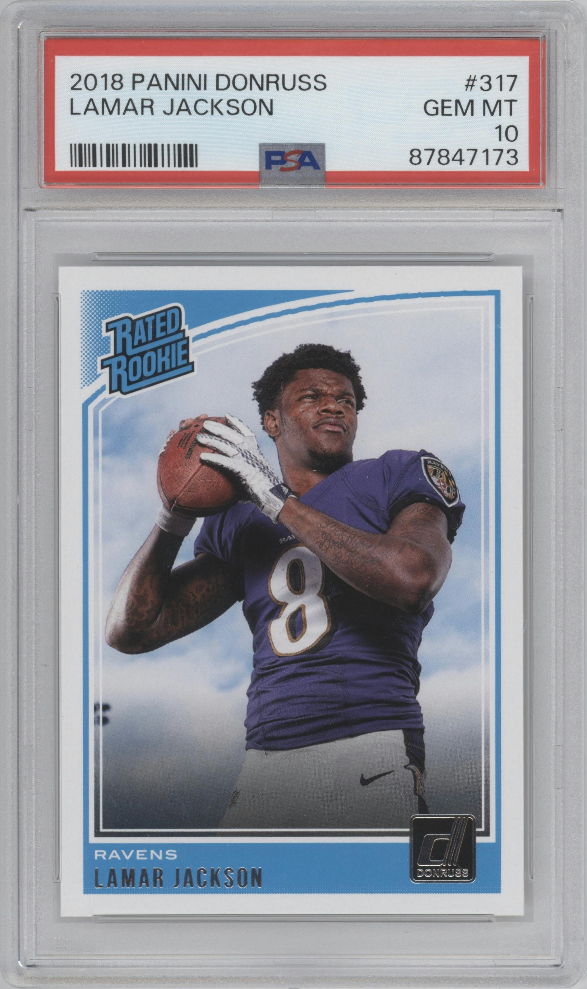 Lamar Jackson from the 2018 Panini Donruss set graded by PSA and given an overall grade of 10.