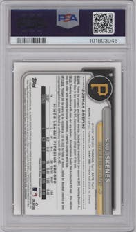 Paul Skenes from the 2024 Bowman Chrome Mega Box set featuring a Orange Refractor parallel graded by PSA and given an overall grade of 9.