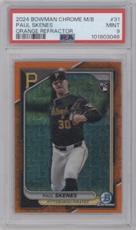 Paul Skenes from the 2024 Bowman Chrome Mega Box set featuring a Orange Refractor parallel graded by PSA and given an overall grade of 9.