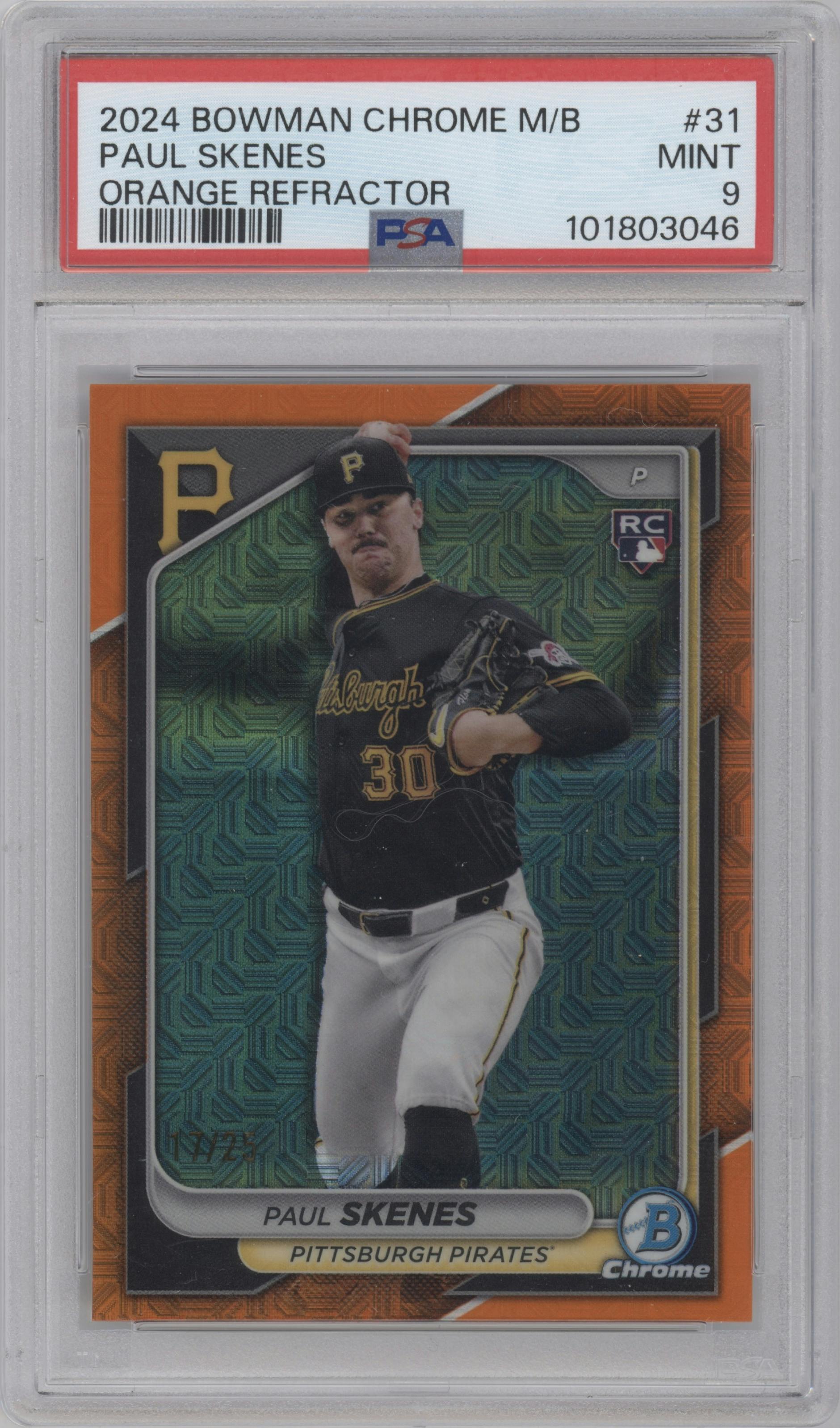 Paul Skenes from the 2024 Bowman Chrome Mega Box set featuring a Orange Refractor parallel graded by PSA and given an overall grade of 9.