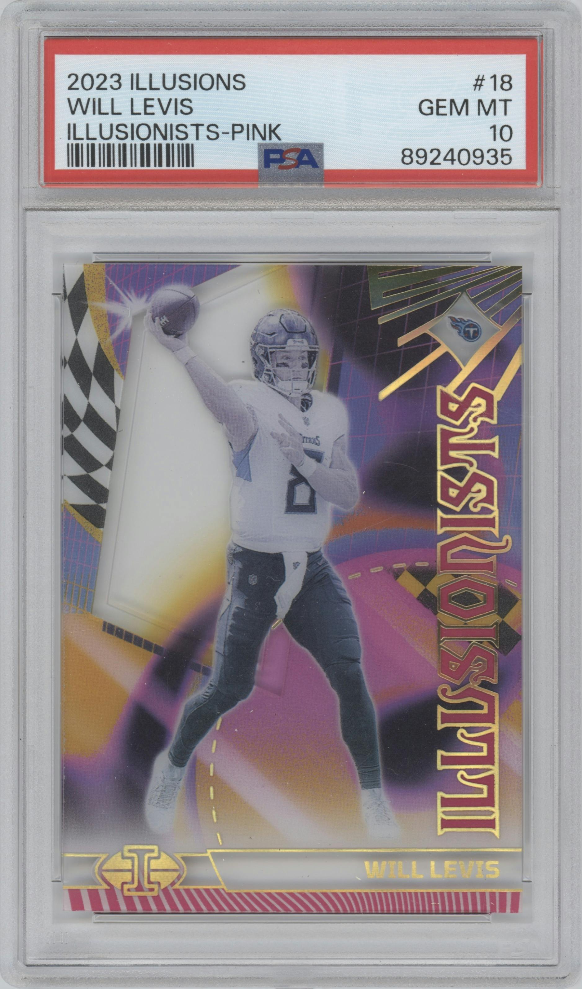 Will Levis from the 2023 Panini Illusions set featuring a Pink parallel graded by PSA and given an overall grade of 10.