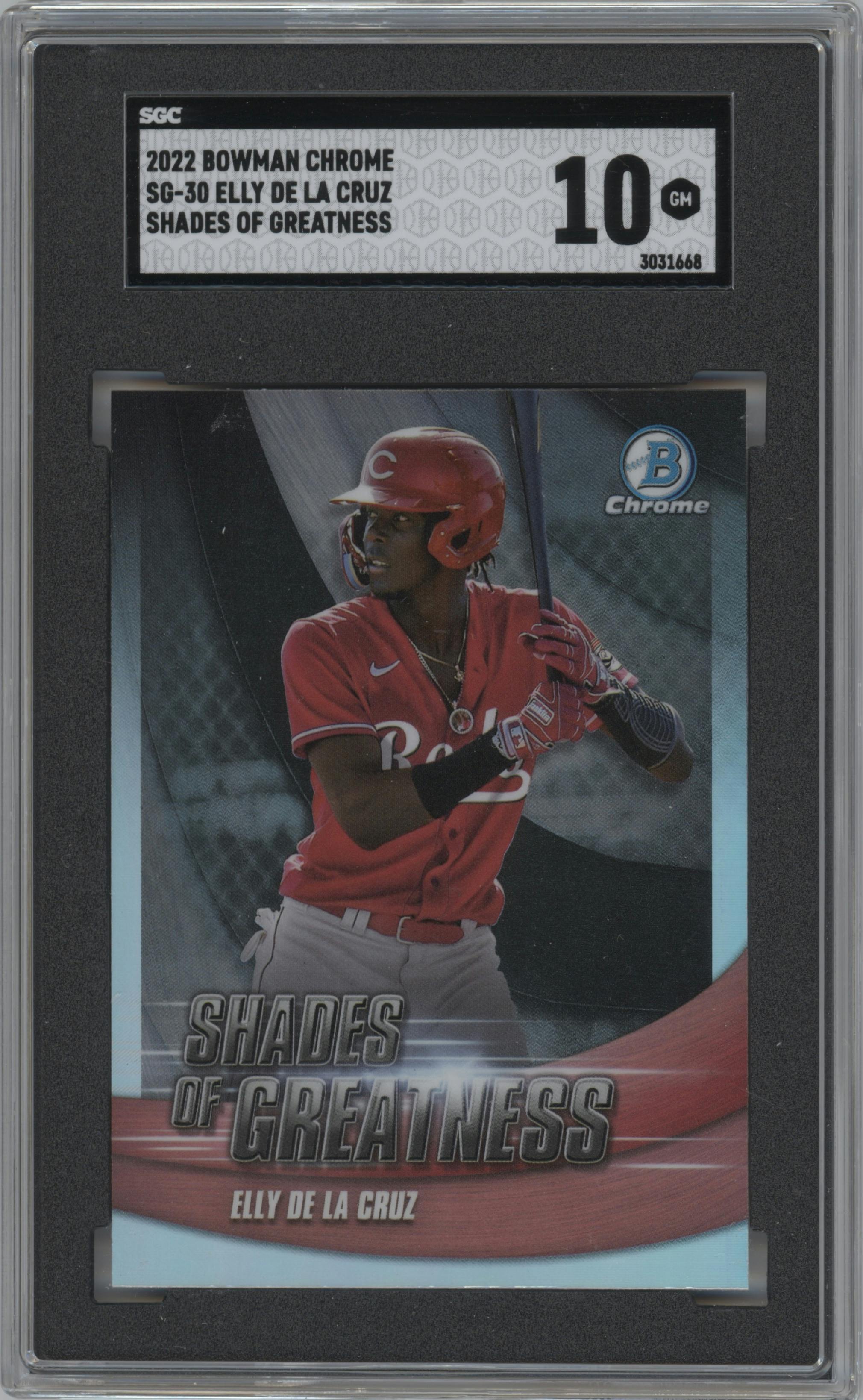 Elly De La Cruz from the 2022 Bowman Chrome set graded by SGC and given an overall grade of 10.