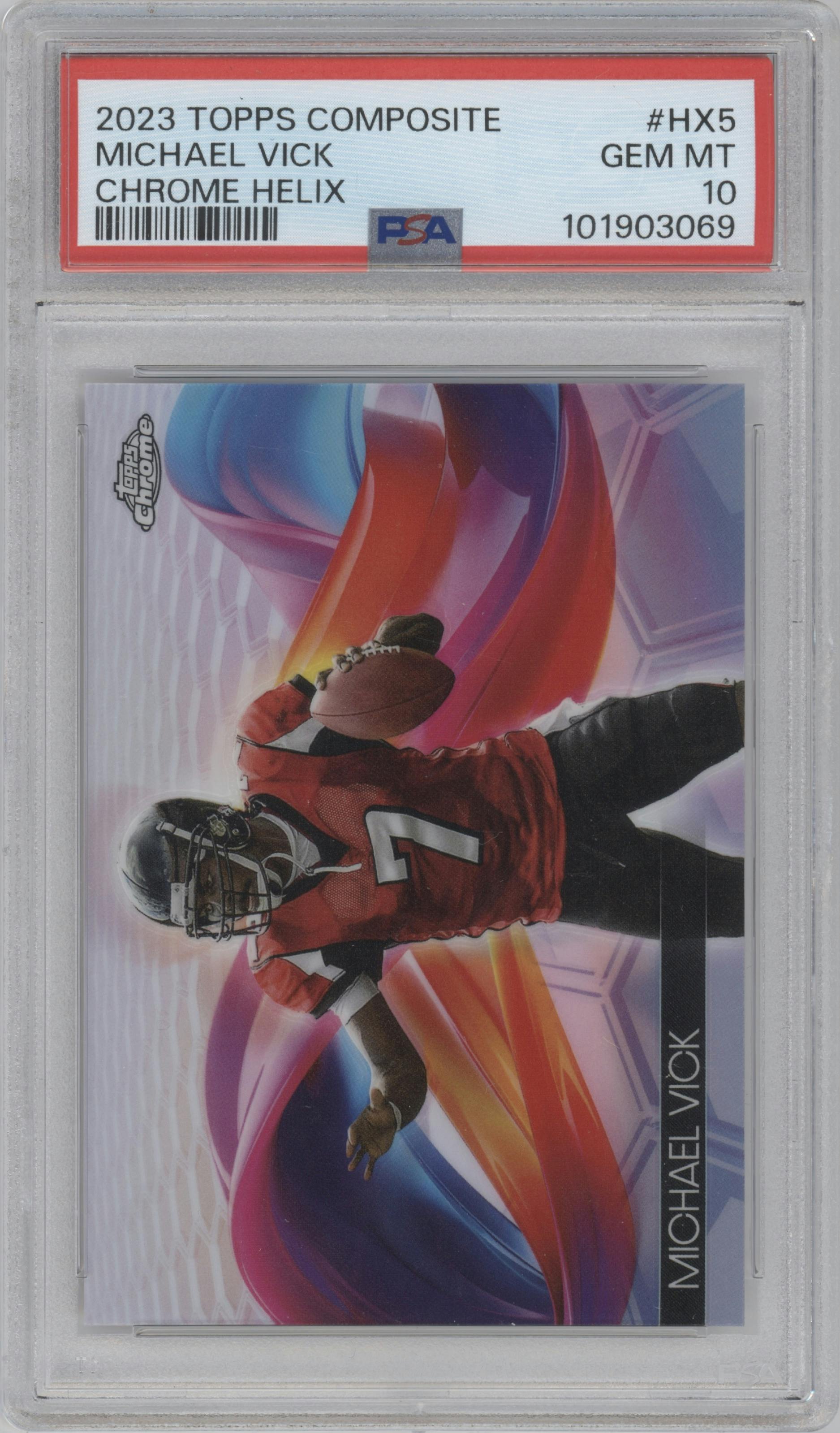 Michael Vick from the 2023 Topps Composite set graded by PSA and given an overall grade of 10.