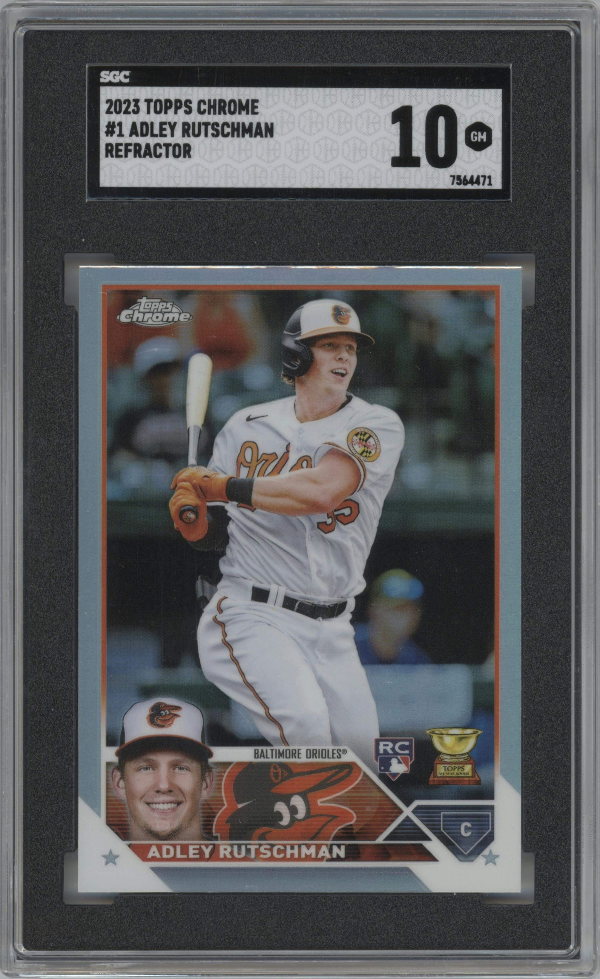 Adley Rutschman from the 2023 Topps Chrome set featuring a Refractor parallel graded by SGC and given an overall grade of 10.