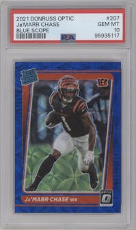 Ja'Marr Chase from the 2021 Panini Donruss Optic set featuring a Blue Scope parallel graded by PSA and given an overall grade of 10.