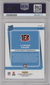 Ja'Marr Chase from the 2021 Panini Donruss Optic set featuring a Blue Scope parallel graded by PSA and given an overall grade of 10.