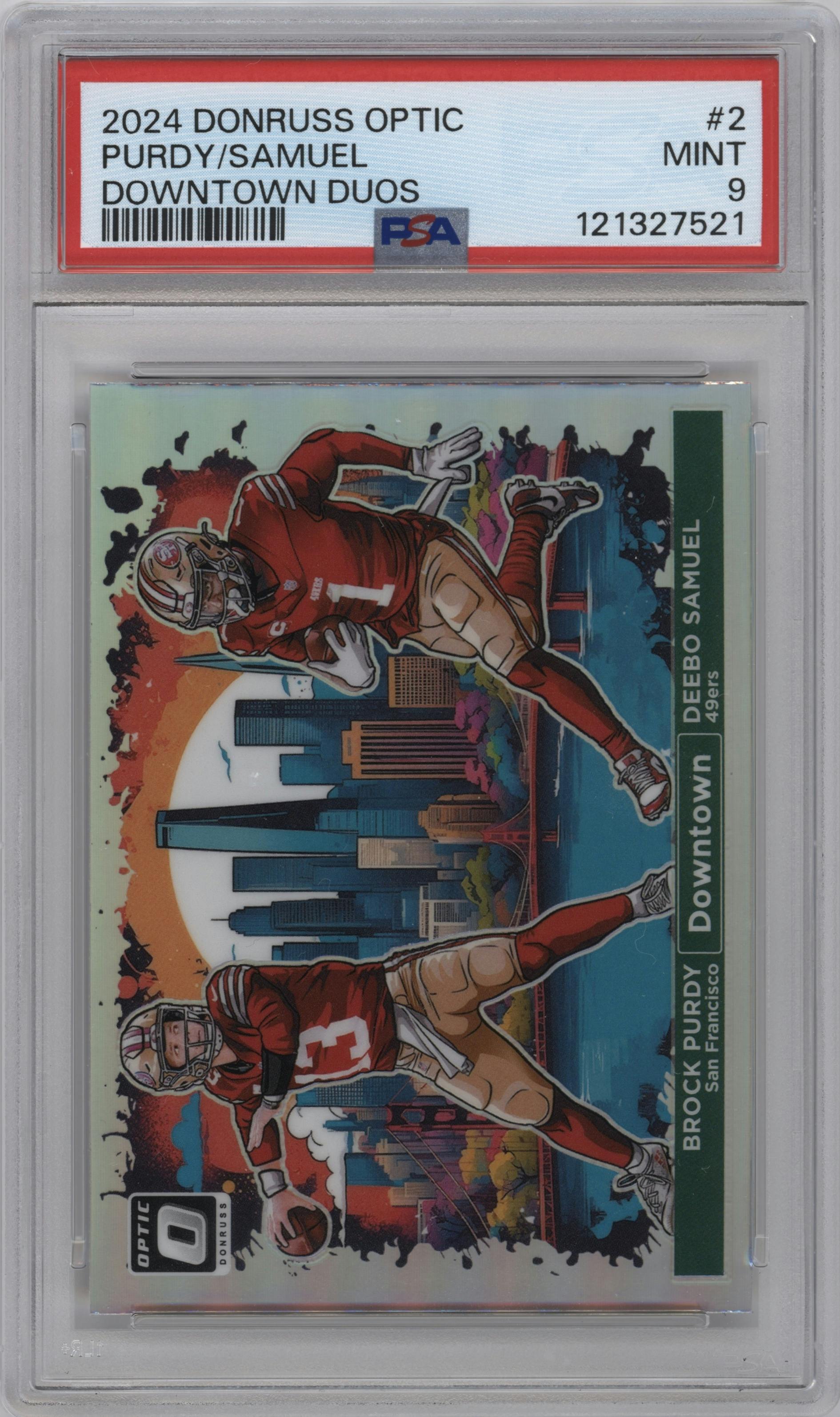 Brock Purdy/Deebo Samuel  from the 2024 Donruss Optic set graded by PSA and given an overall grade of 9.