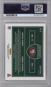 Brock Purdy/Deebo Samuel  from the 2024 Donruss Optic set graded by PSA and given an overall grade of 9.