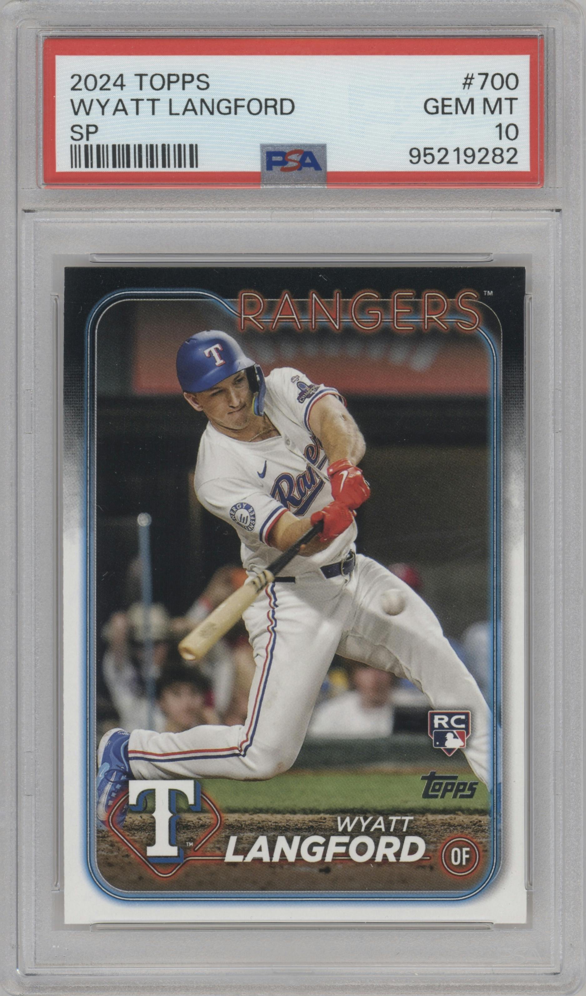 Wyatt Langford from the 2024 Topps  set graded by PSA and given an overall grade of 10.