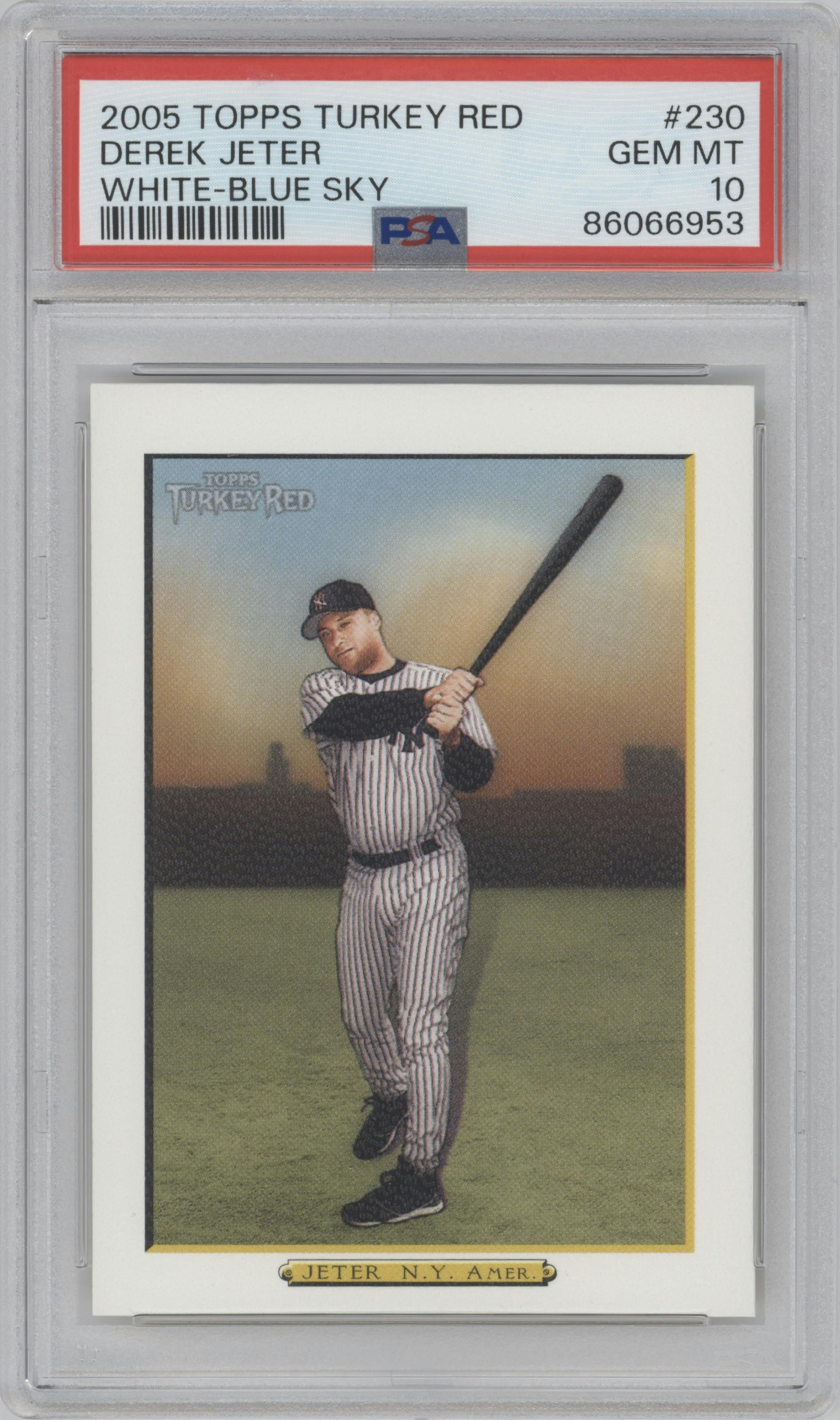 Derek Jeter from the 2005 Topps Turkey Red set featuring a White parallel graded by PSA and given an overall grade of 10.