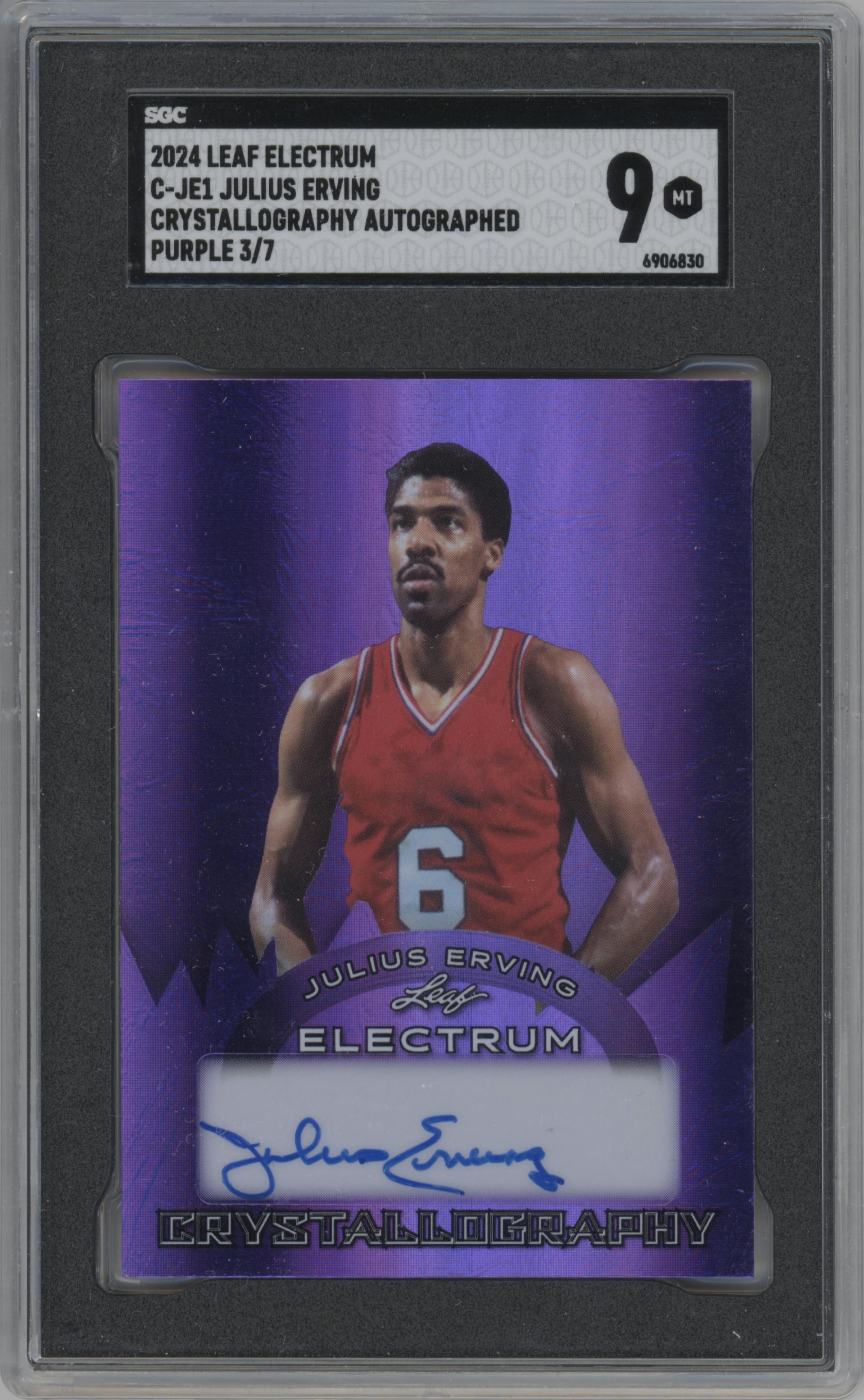 Julius Erving from the 2024 Leaf Electrum set featuring a Purple parallel graded by SGC and given an overall grade of 9.