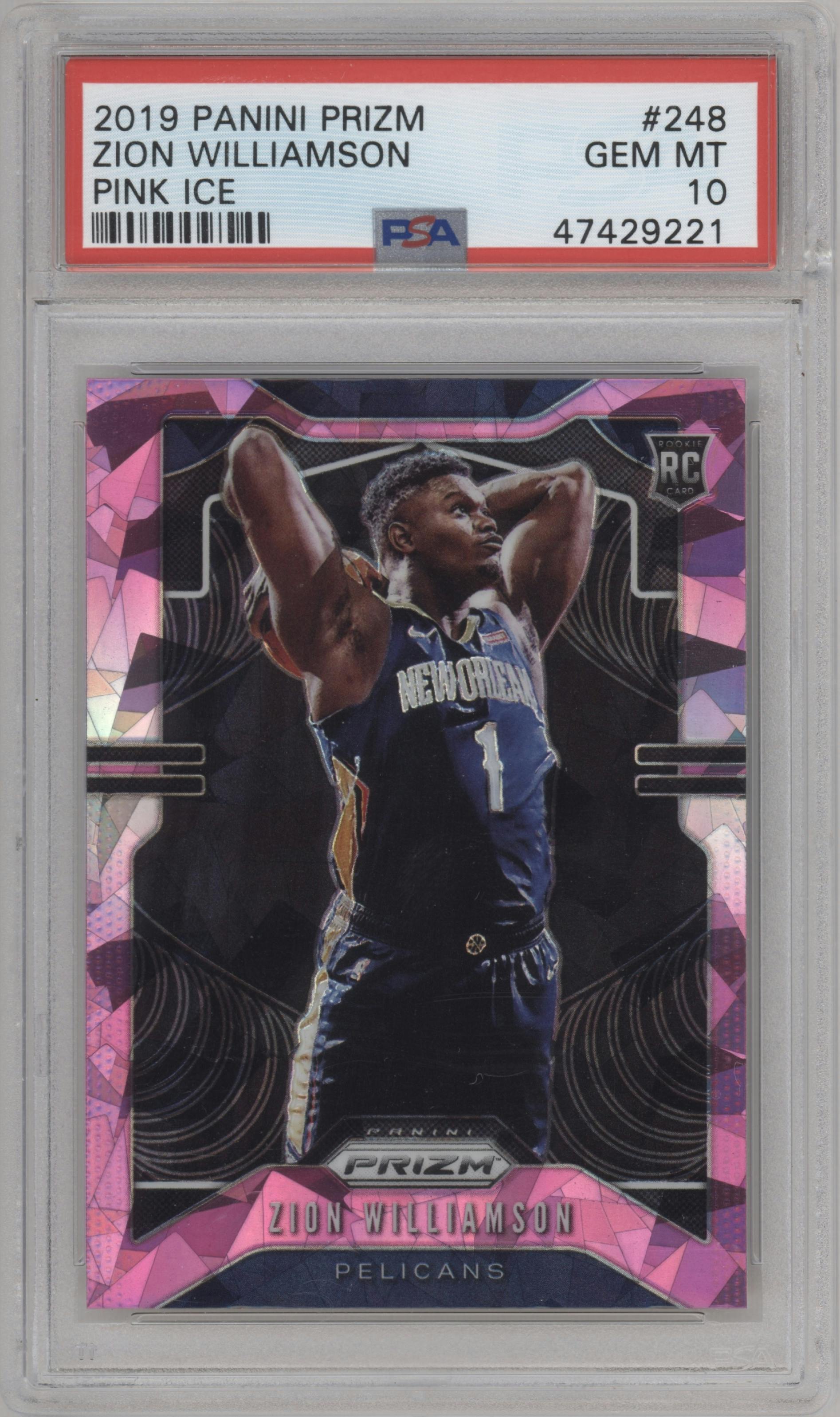 Zion Williamson from the 2019-20 Panini Prizm set featuring a Pink Ice parallel graded by PSA and given an overall grade of 10.
