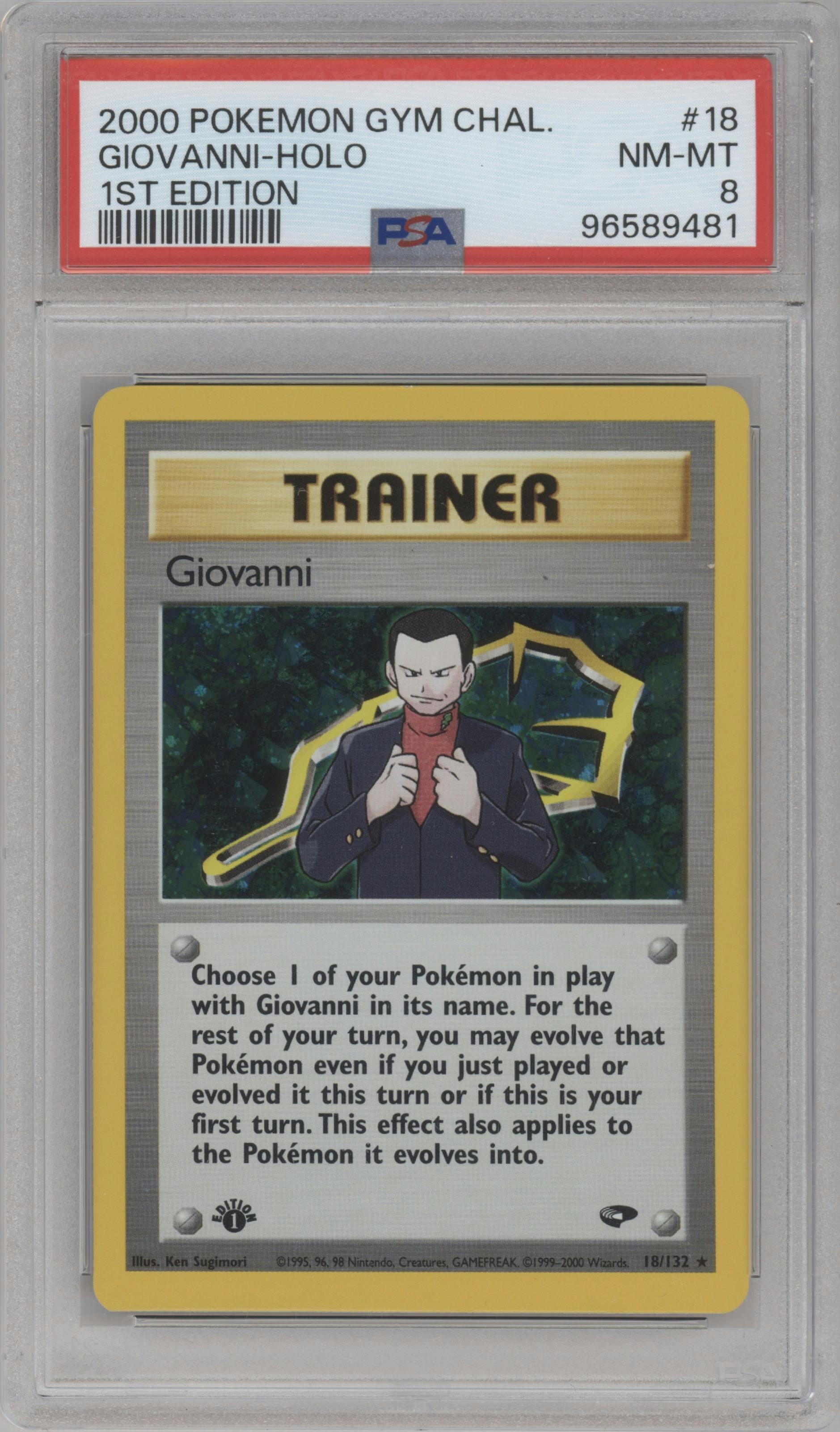 Giovanni from the 2000 Pokemon GH set graded by PSA and given an overall grade of 8.
