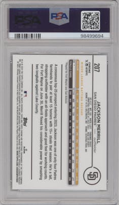 Jackson Merrill from the 2024 Topps Chrome set featuring a Negative Refractor parallel graded by PSA and given an overall grade of 10.