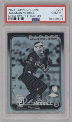 Jackson Merrill from the 2024 Topps Chrome set featuring a Negative Refractor parallel graded by PSA and given an overall grade of 10.