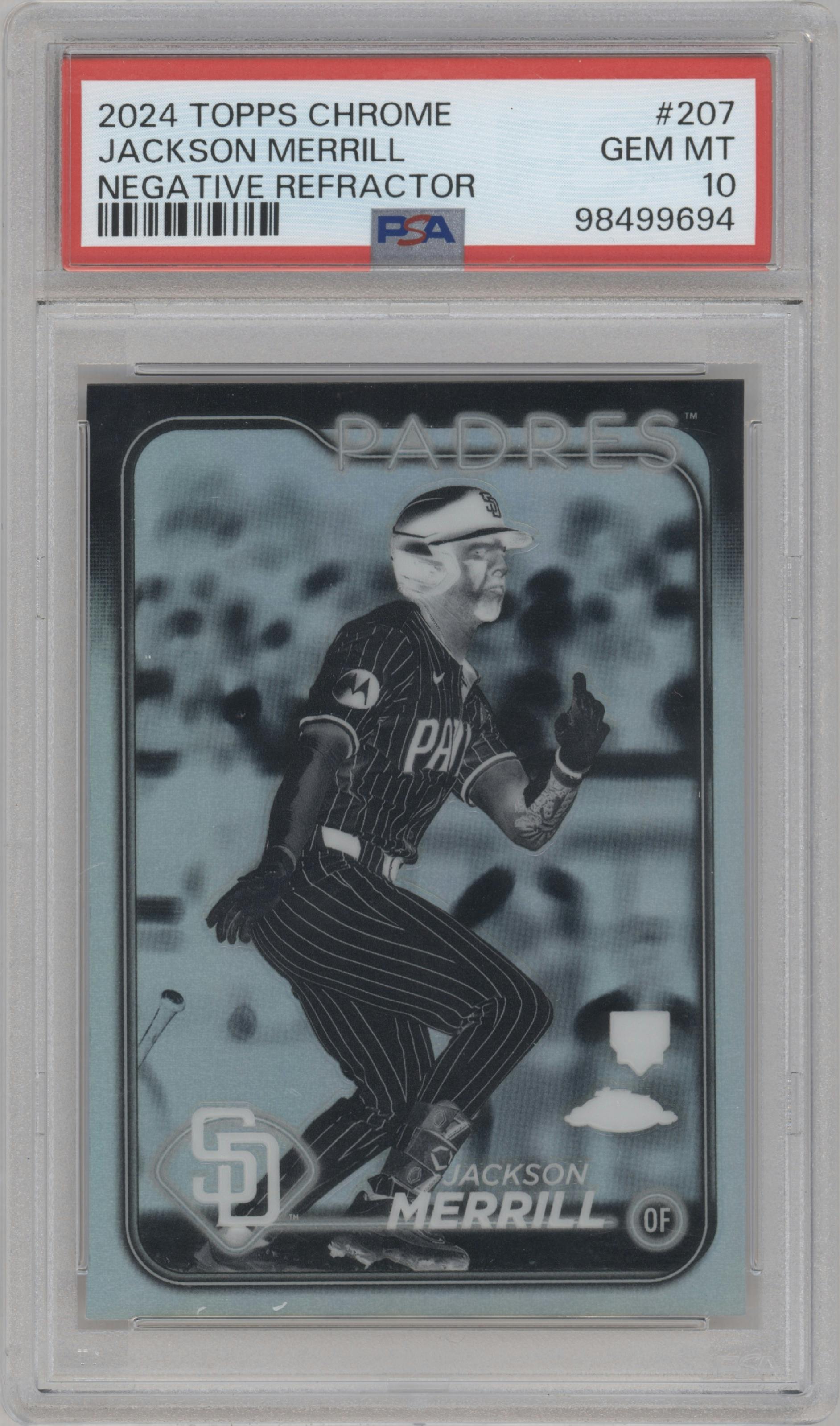 Jackson Merrill from the 2024 Topps Chrome set featuring a Negative Refractor parallel graded by PSA and given an overall grade of 10.