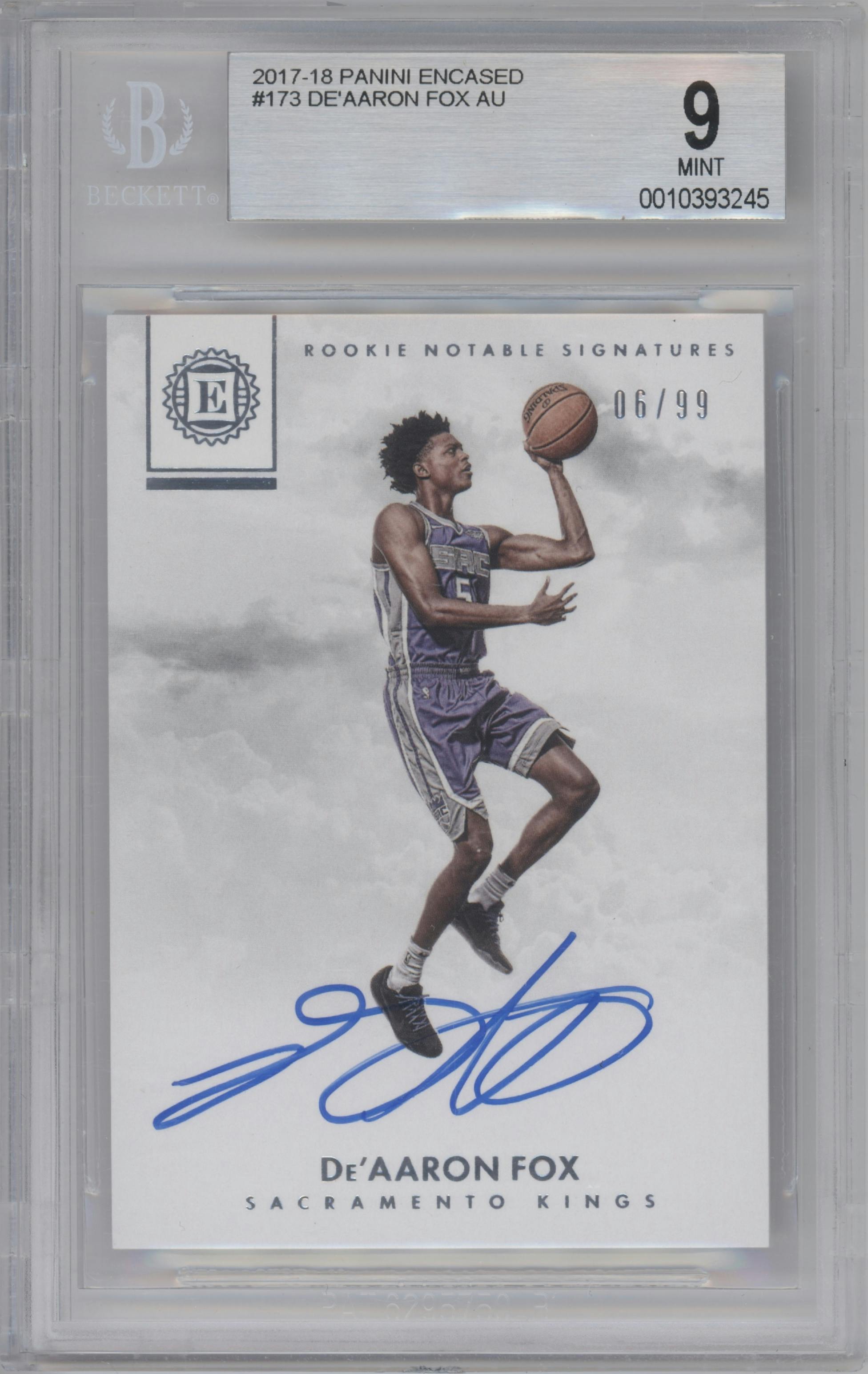 De'Aaron Fox from the 2017-18 Panini Encased set graded by Beckett and given an overall grade of 9.