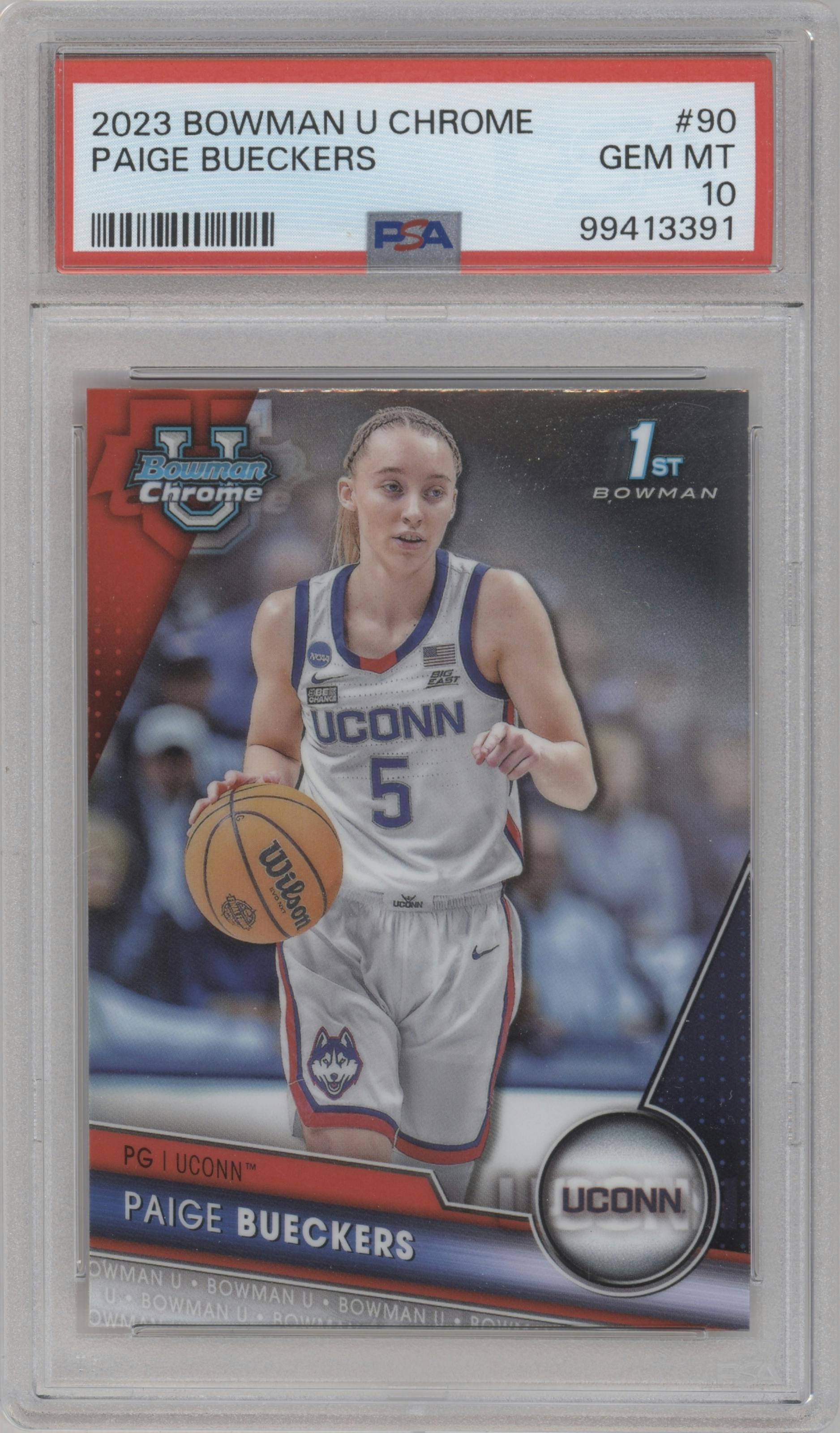 Paige Bueckers from the 2023-24 Bowman U Chrome set graded by PSA and given an overall grade of 10.