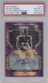 Najee Harris from the 2021 Panini Prizm set featuring a Purple Pulsar parallel graded by PSA and given an overall grade of 8.